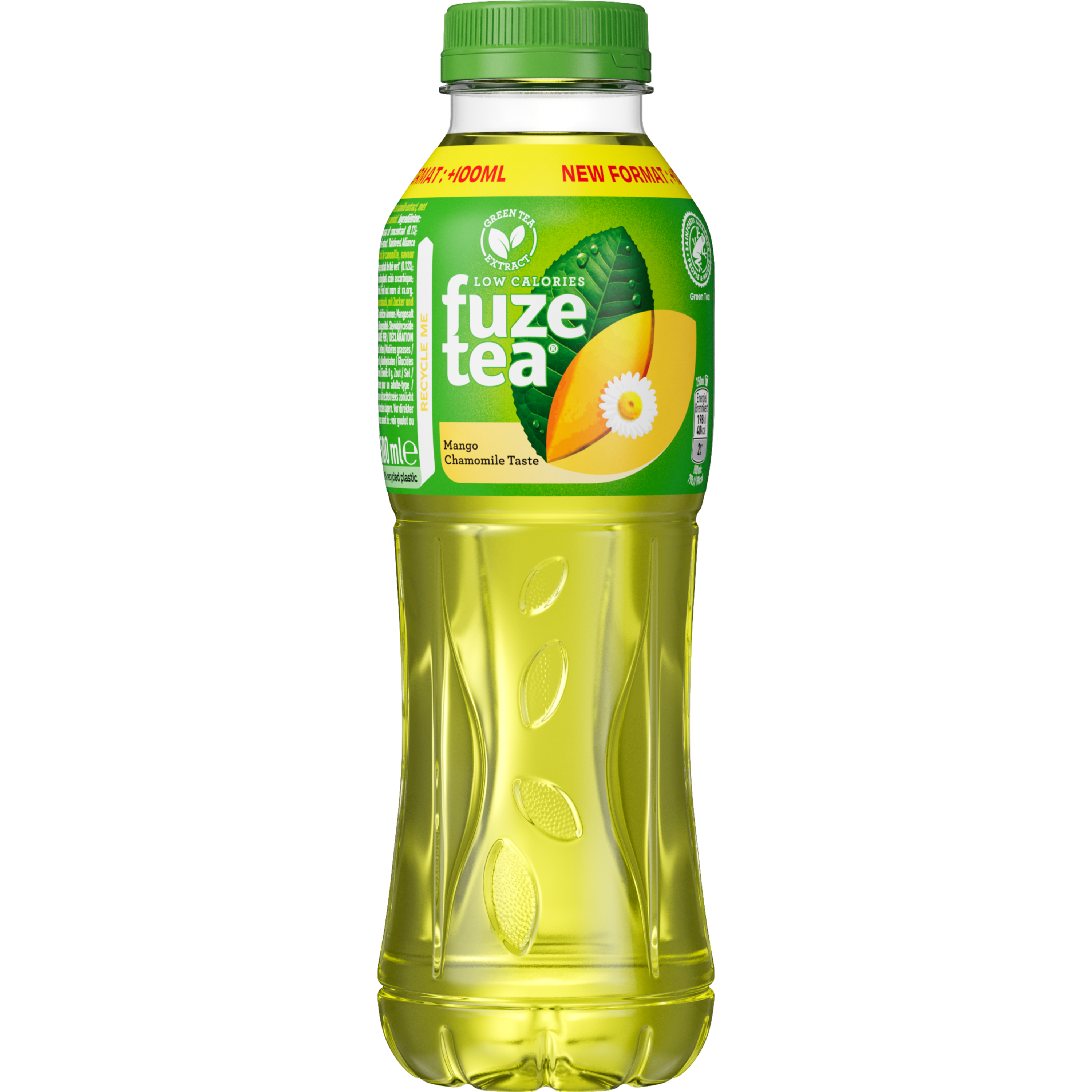 Fles Fuze Tea groene thee mango-kamille, groene en gele etikettering met afbeelding van mango en witte kamillebloem, goudgele drank. Opschrift “Infused Green Tea”.