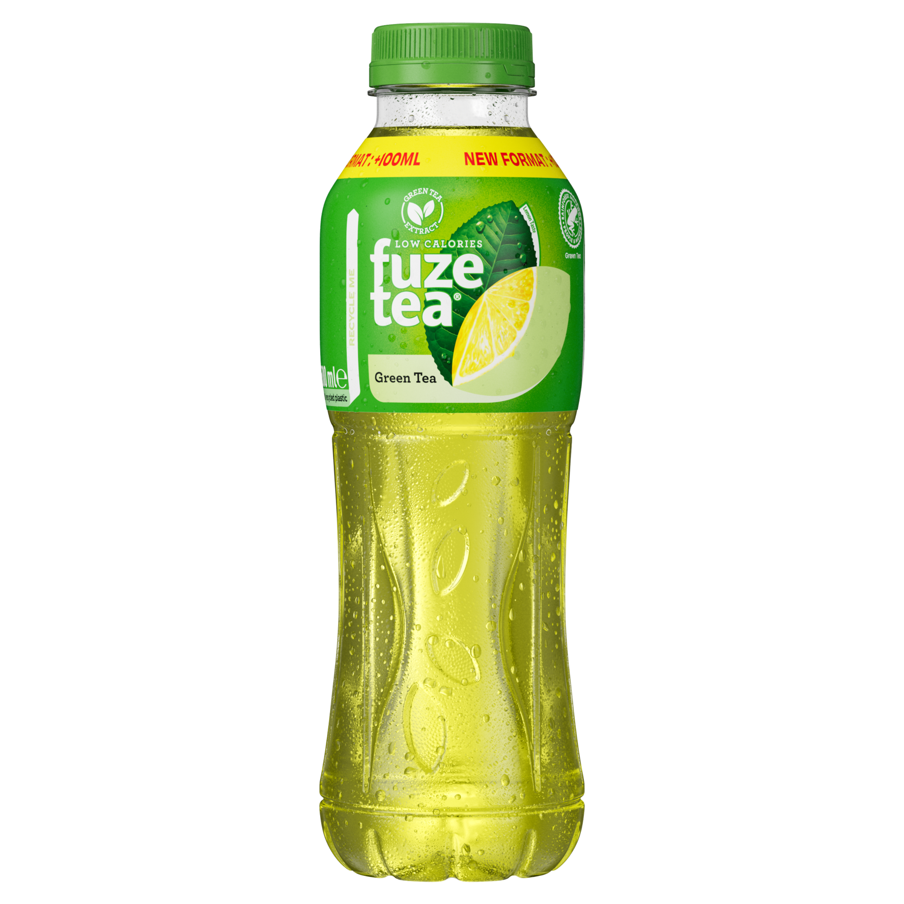 Fles Fuze Tea groene thee, groene etikettering met blad, limoenpart en theeblad-logo. Lichtgele drank, opschrift “Infused Green Tea” en “Low Calories”.