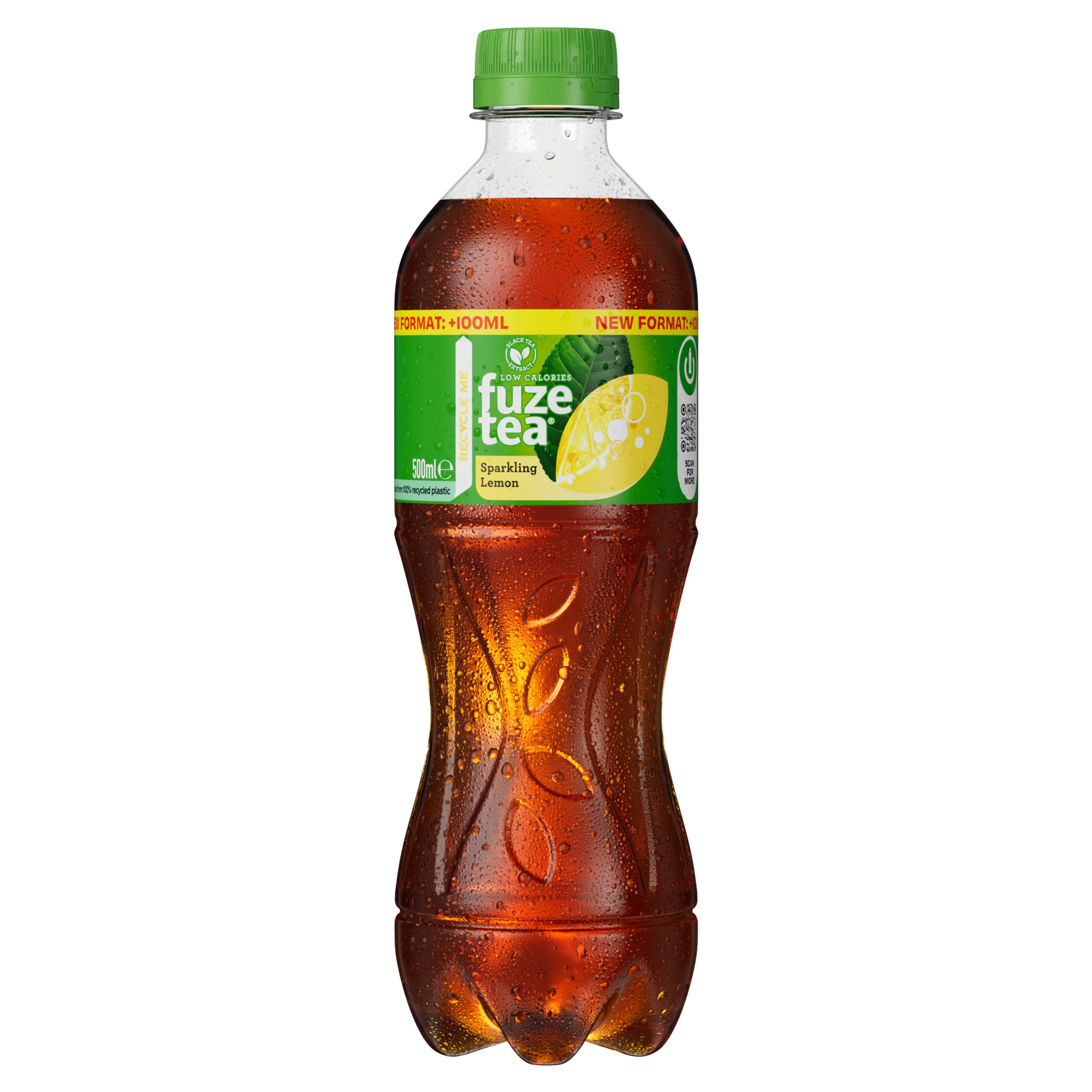 Fles Fuze Tea bruisend citroen, groene etikettering met citroenpart en belletjes, amberkleurige drank met zichtbare bubbels.