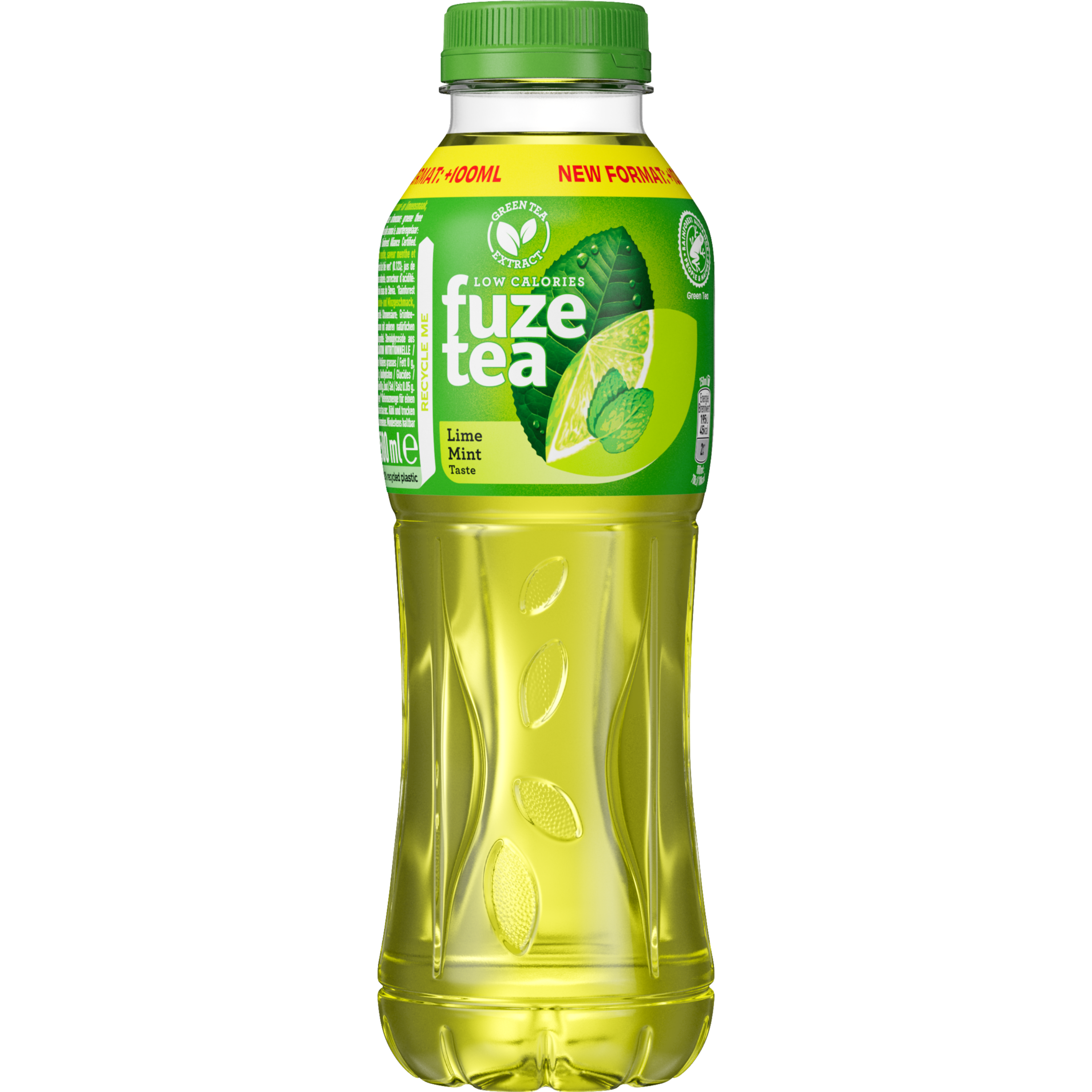 Fles Fuze Tea groene thee limoen-munt, groene etikettering met limoenpart en mintblad, goudkleurige doorzichtige drank.