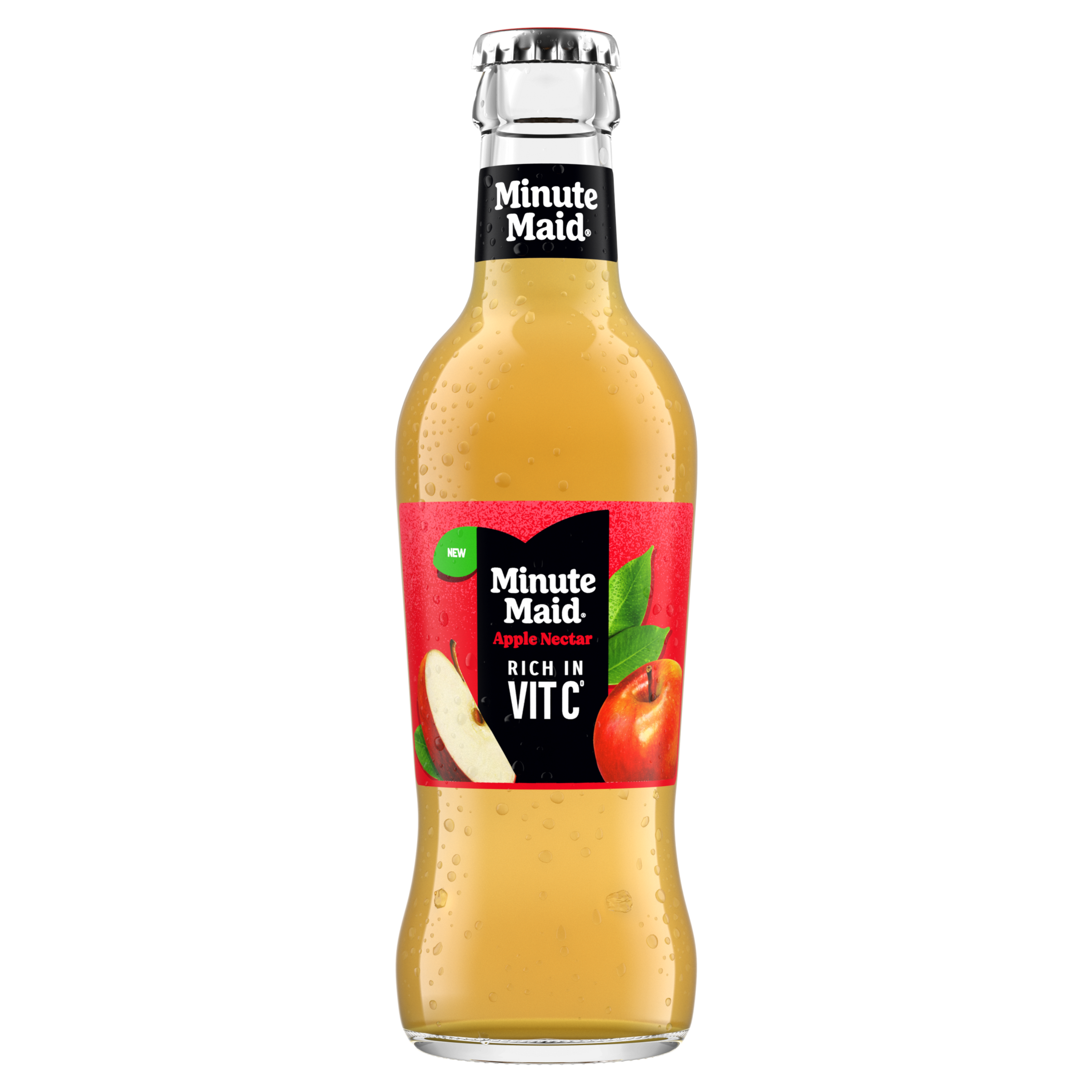 Une bouteille en verre transparent de Minute Maid Nectar Pomme. La bouteille contient du jus de pomme et l'étiquette présente un design en forme de cœur noir avec les textes : "Minute Maid Orange Nectar" et "Rich in Vit C". L'étiquette affiche également des tranches de pommes et quelques feuilles vertes.