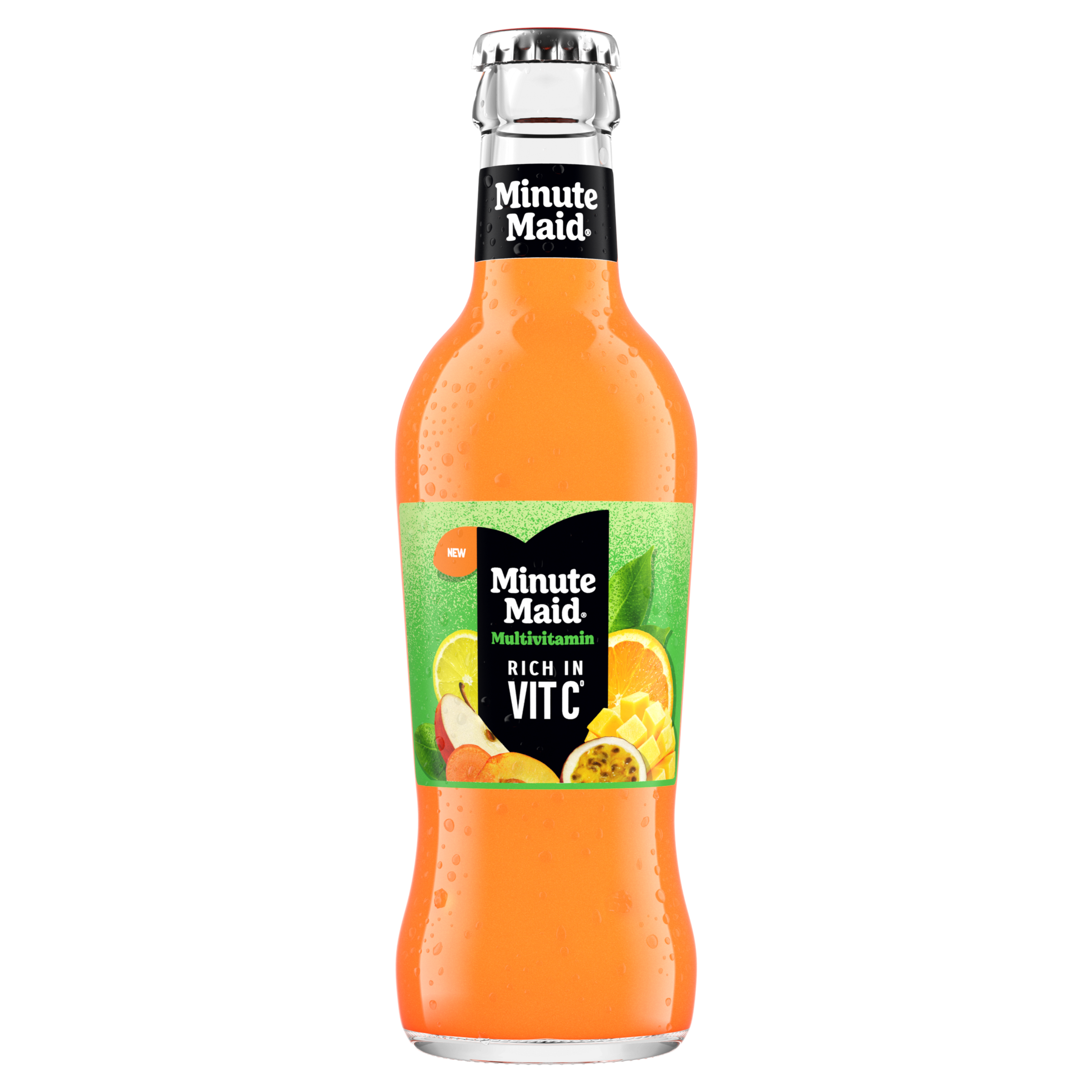 Bouteille en verre de jus Minute Maid Multivitamines, couleur orange, avec des gouttes de condensation. L’étiquette verte présente un mélange de fruits (orange, kiwi, mangue, pomme) et indique « Riche en vitamines », sur fond jaune clair.