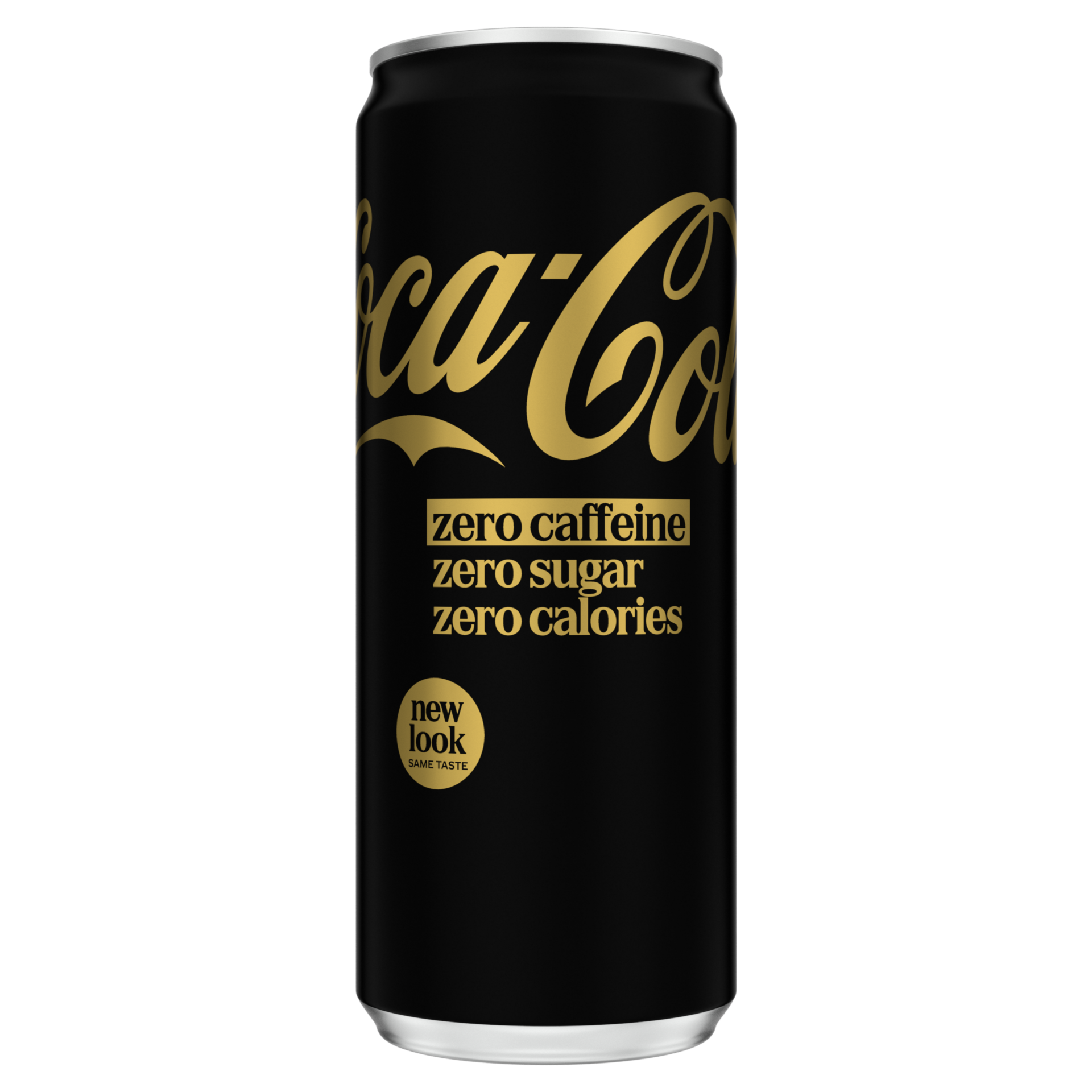 Image d’une canette rouge de Coca-Cola avec le logo « Coca-Cola » en noir, la mention « Zero Sugar » suivie de « Zero Caffeine » sur fond blanc au centre, et le texte « No Calories No Sugar » inscrit en bas.
