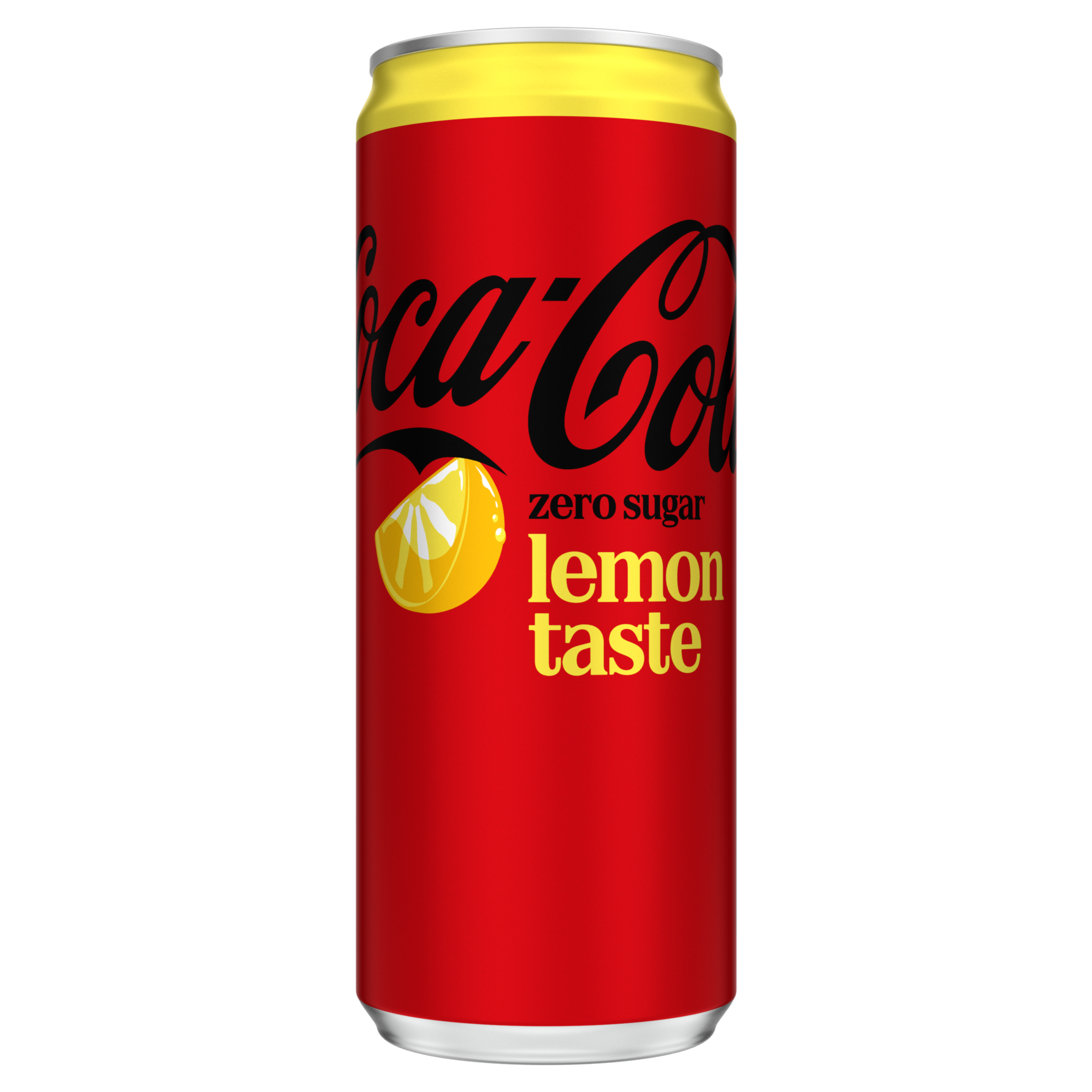 Image d’une canette de Coca-Cola bicolore avec le haut jaune et le bas rouge. Le logo « Coca-Cola » est en noir, avec la mention « Lemon » en haut, « Zero Sugar » au centre, et le texte « No Calories » inscrit en bas.