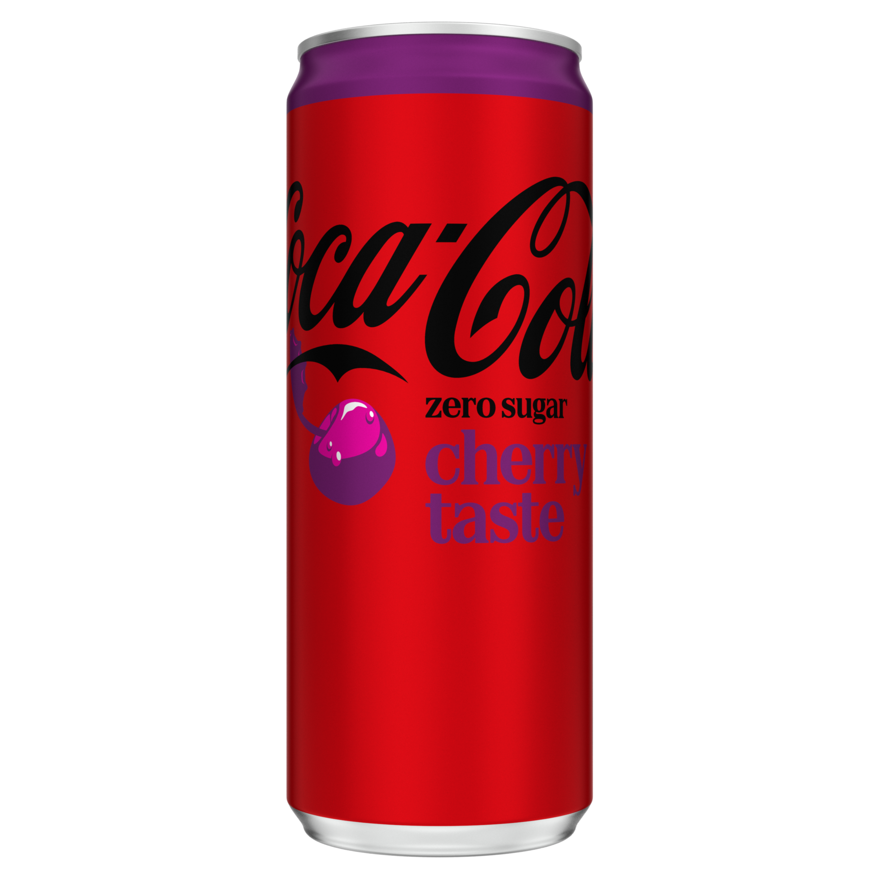 Image d’une canette de Coca-Cola bicolore avec le haut rose et le bas rouge. Le logo « Coca-Cola » est en noir, avec la mention « Cherry » en haut, « Zero Sugar » au centre, et le texte « No Calories » inscrit en bas.