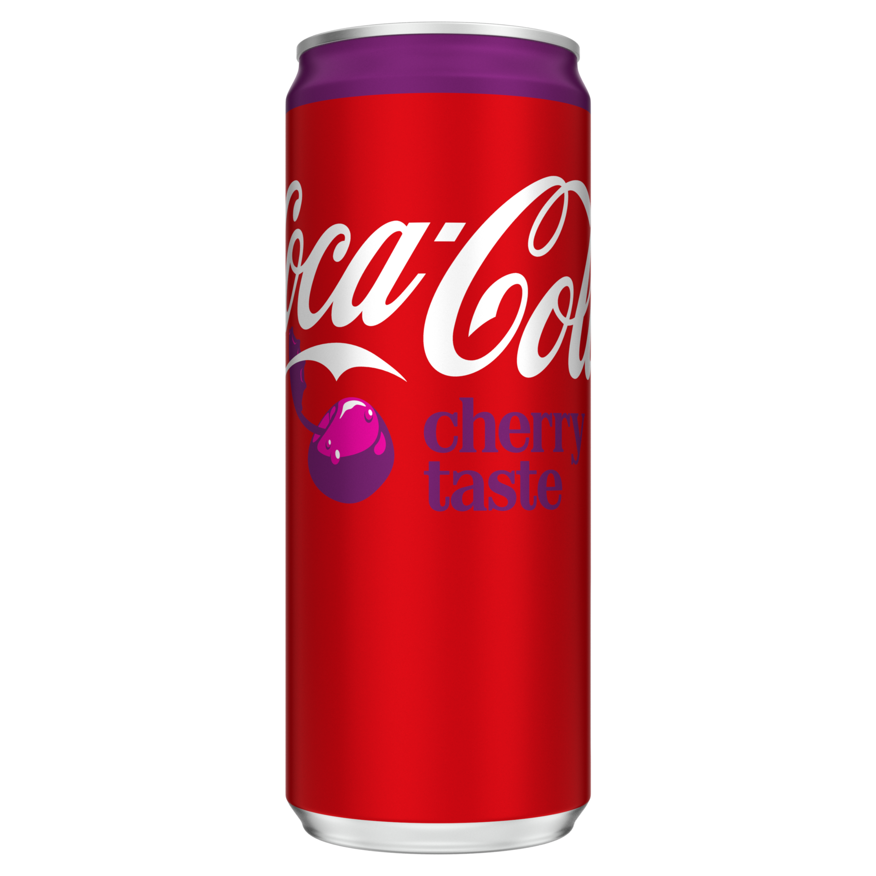 Canette de Coca‑Cola Cherry bicolore, avec le haut rose et le bas rouge. Le logo « Coca‑Cola » apparaît en noir au centre de la canette, avec la mention « Cherry » en haut. Design classique de Coca‑Cola Cherry.