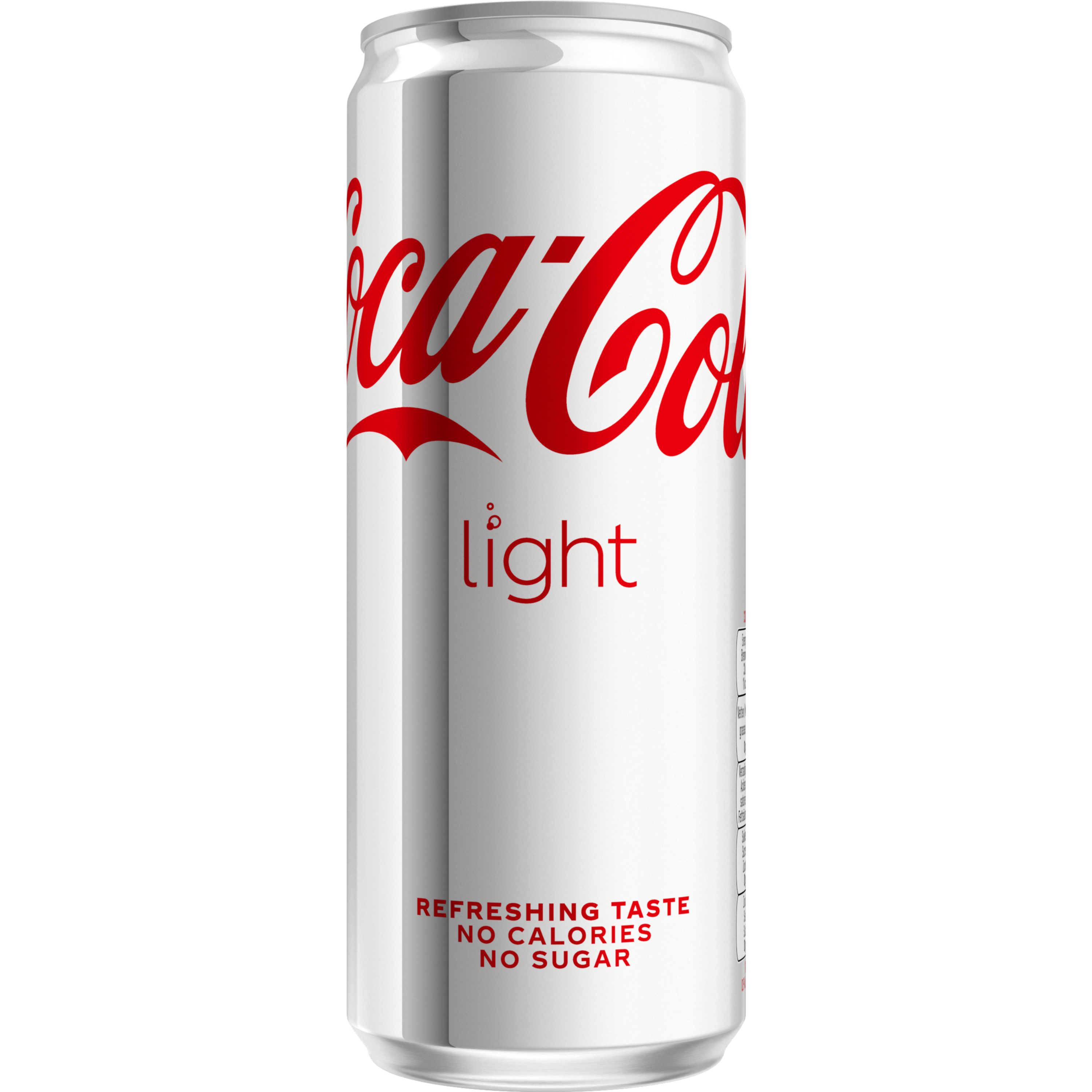 Canette Coca‑Cola Light argentée, avec le logo Coca‑Cola rouge et la mention « light ». En bas figure le texte « Refreshing Taste – No Calories – No Sugar ».