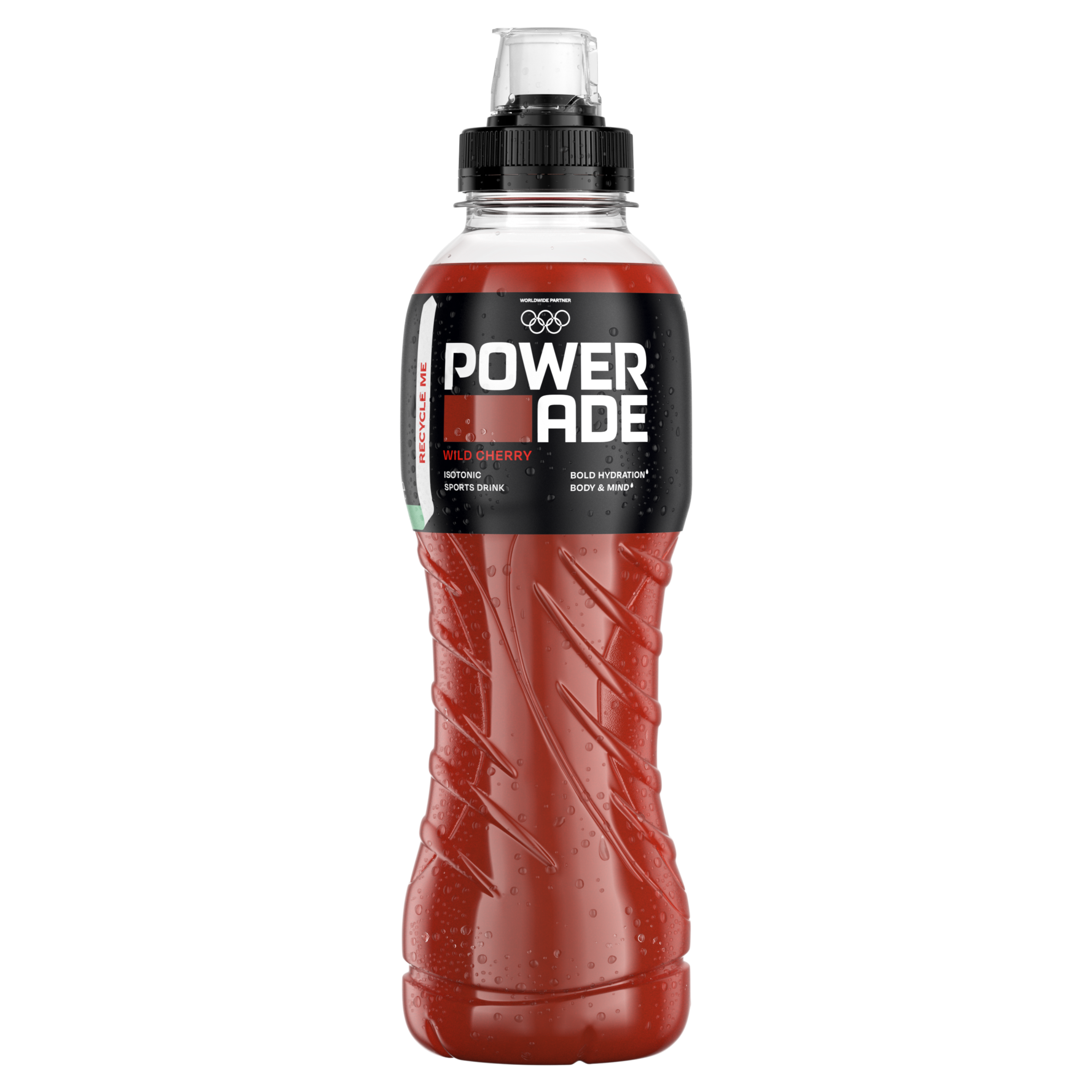Een rode Powerade-sportdrank met het etiket "Powerade Wild Cherry" en een sportdop.