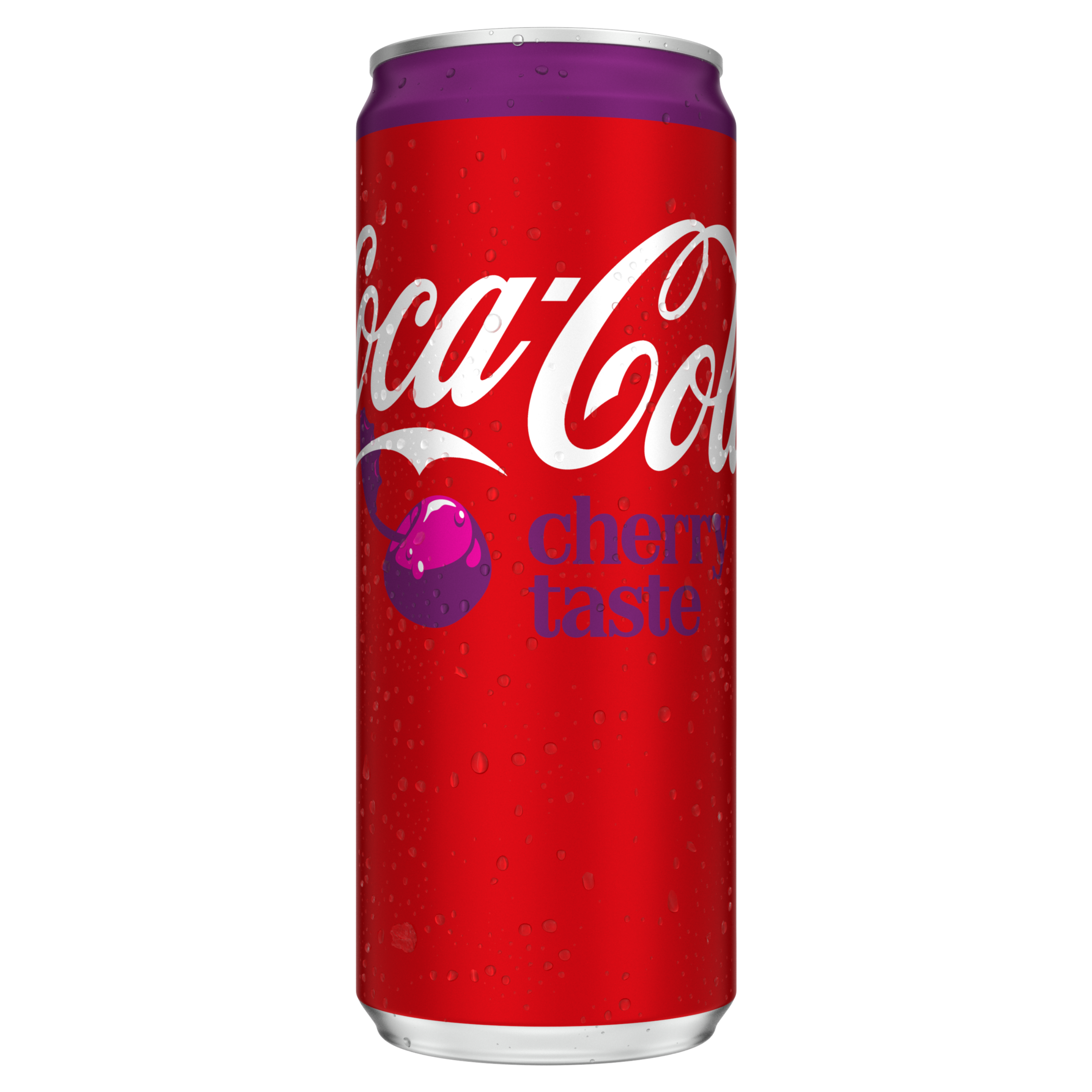 Afbeelding van een tweekleurig Coca-Cola-blik met bovenaan roze en onderaan rood. Het zwarte logo “Coca-Cola” staat erop, met bovenaan de tekst “Cherry”, in het midden “Zero Sugar” en onderaan de woorden “No Calories”.