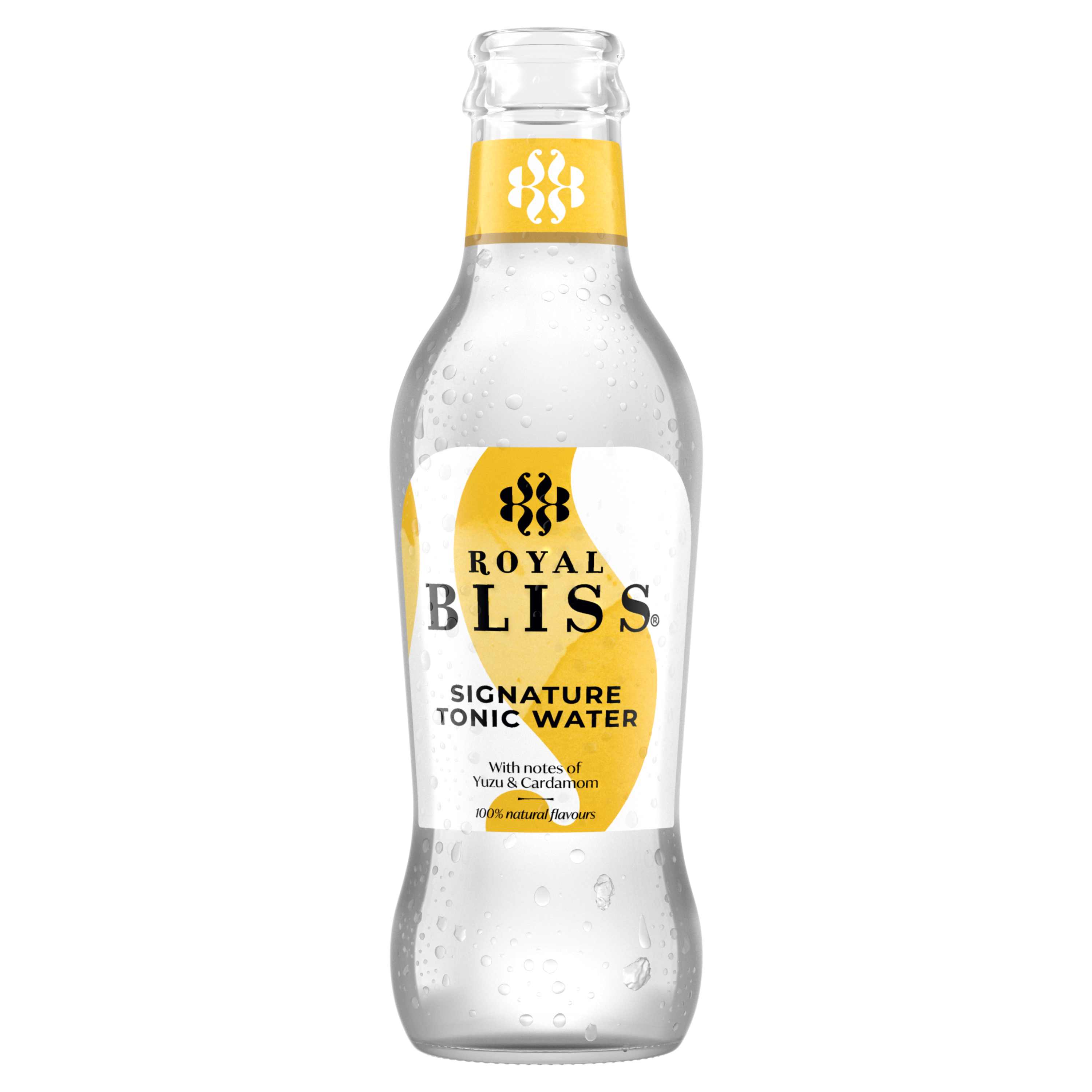 Bouteille « Royal Bliss – Tonic Water » contenant un liquide translucide légèrement nacré. Texte : « Tonic Water – With natural quinine – 100% natural flavours ».