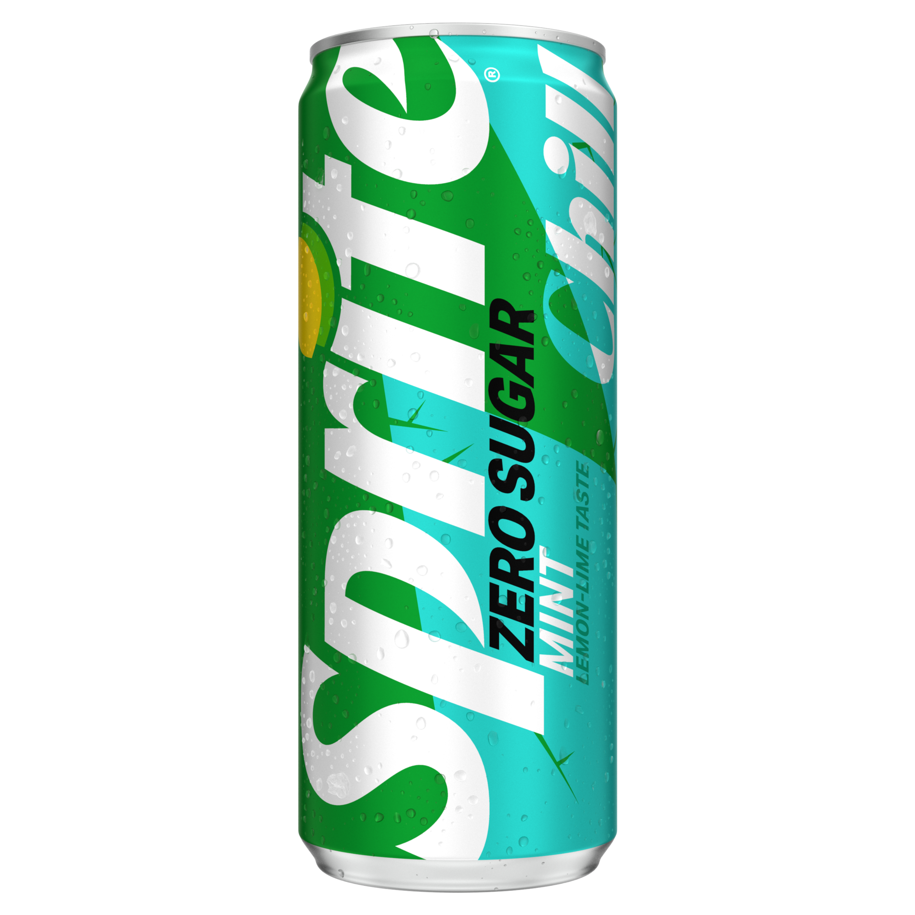 Canette verte de Sprite saveur « Lemon-Lime » avec l’inscription en lettres blanches « Sprite », et en bas, texte jaune « LEMON-LIME NATURAL FLAVOURS ». Des petites gouttelettes d’eau recouvrent la surface.