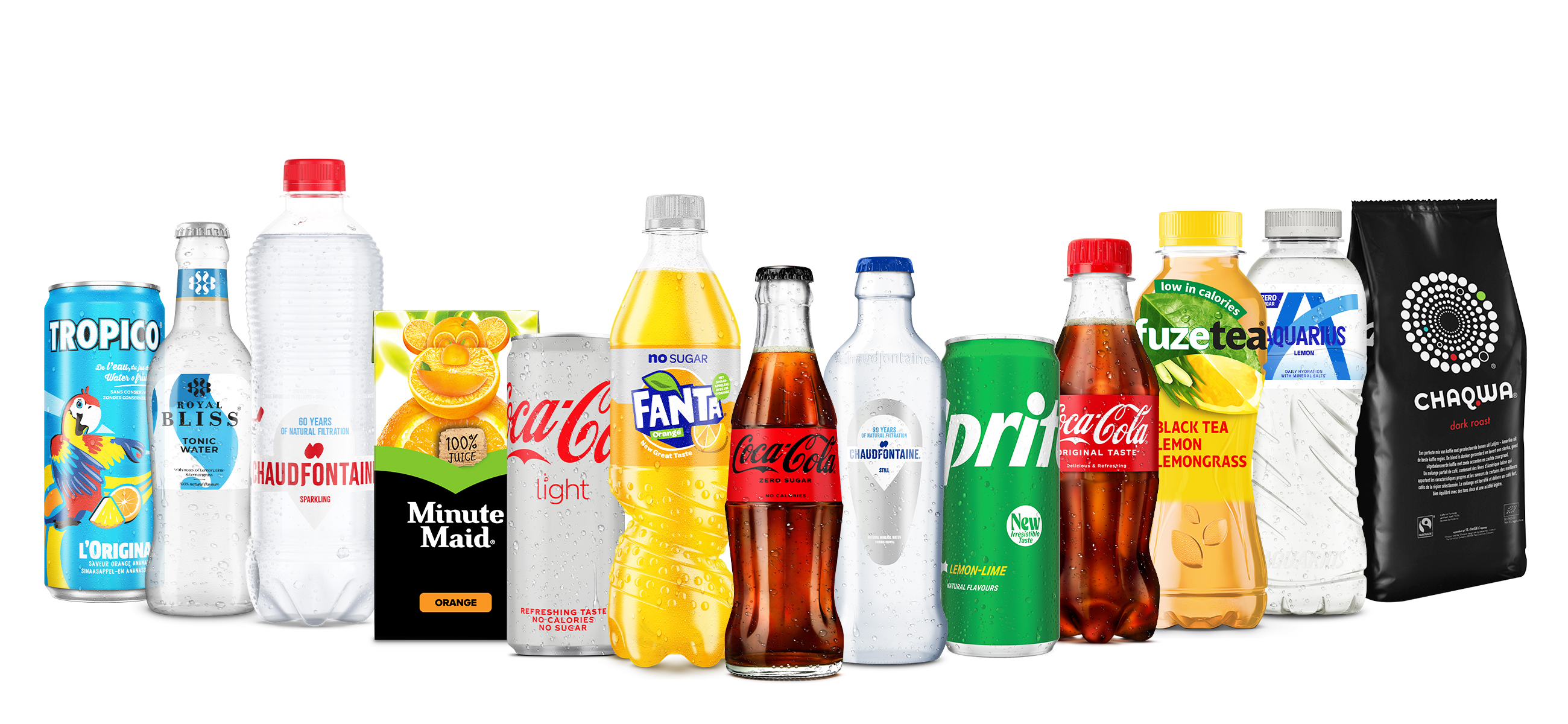 Verschillende flessen van Coca-Cola Company naast elkaar