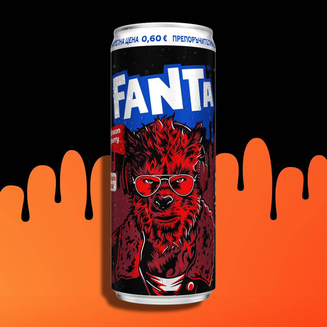 Limited‑edition Fanta Crimson cherry  can featuring a Fanta Halloween character.