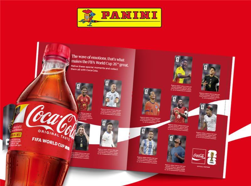 Coca-Cola Zero Sugar bottle with FIFA World Cup 2026 branding, shown beside Panini sticker packs on a red background.