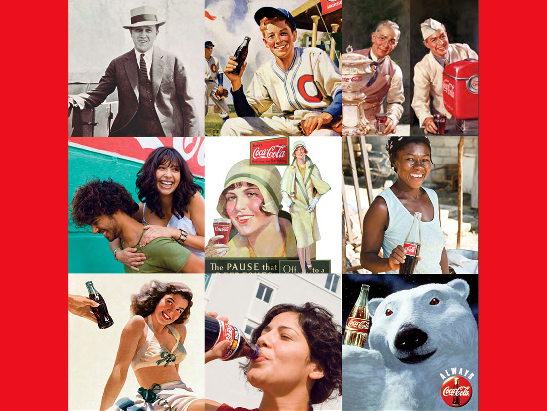 Una imagen que representa varios comerciales de Coca-Cola a lo largo del tiempo