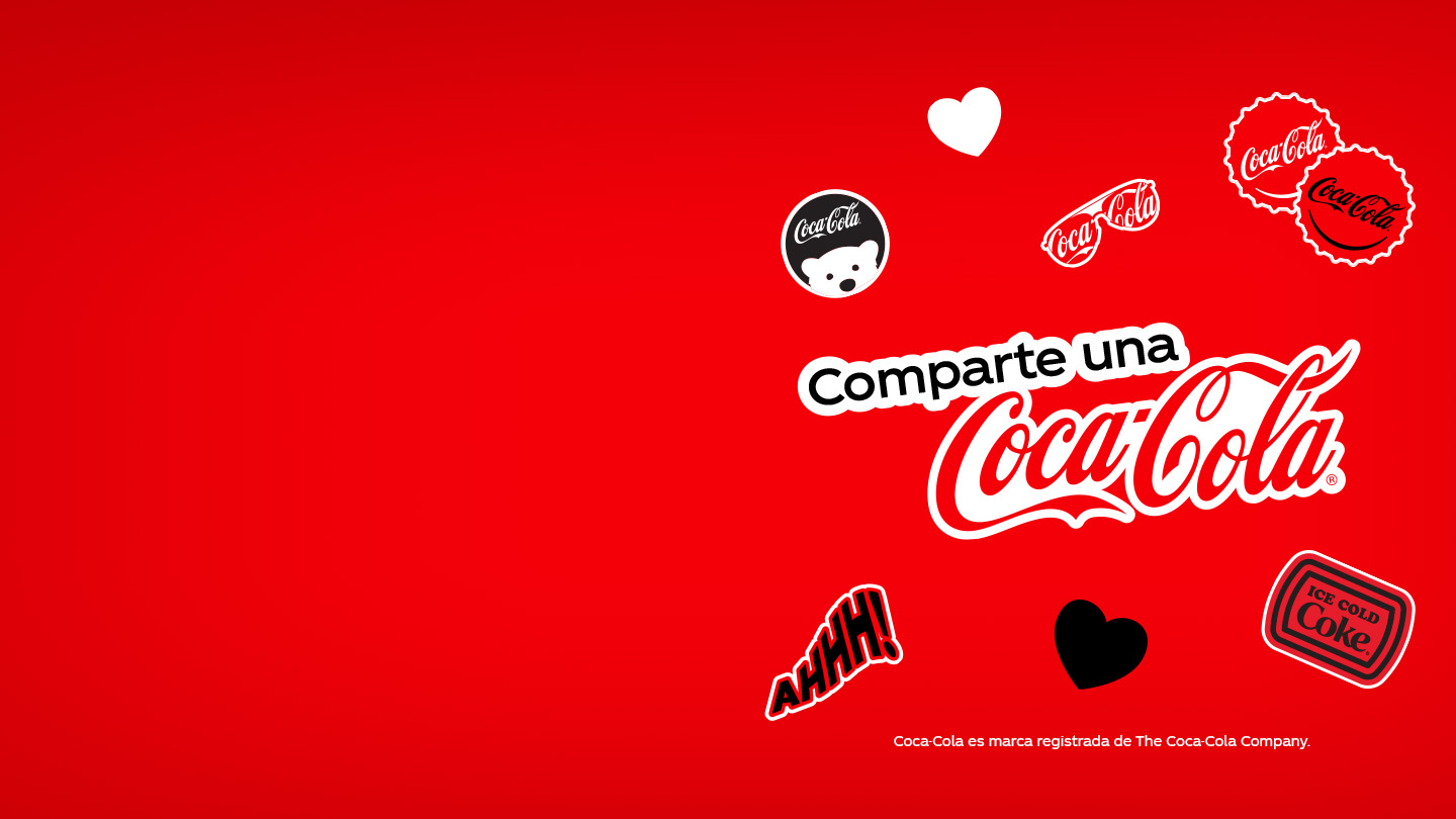Texto "Comparte una Coca-Cola" sobre un fondo rojo con ilustraciones de la marca.