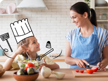 Mãe e filha preparam salada na cozinha, celebrando a alegria de uma vida saudável.