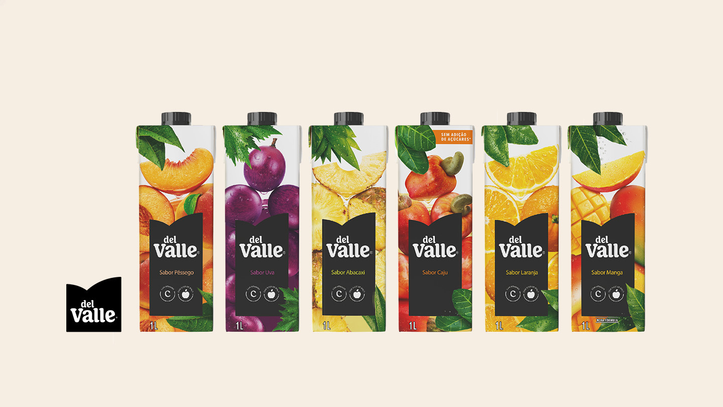 Seis caixas de Del Valle Néctar de diferentes sabores lado a lado e o logo da Del Valle à esquerda