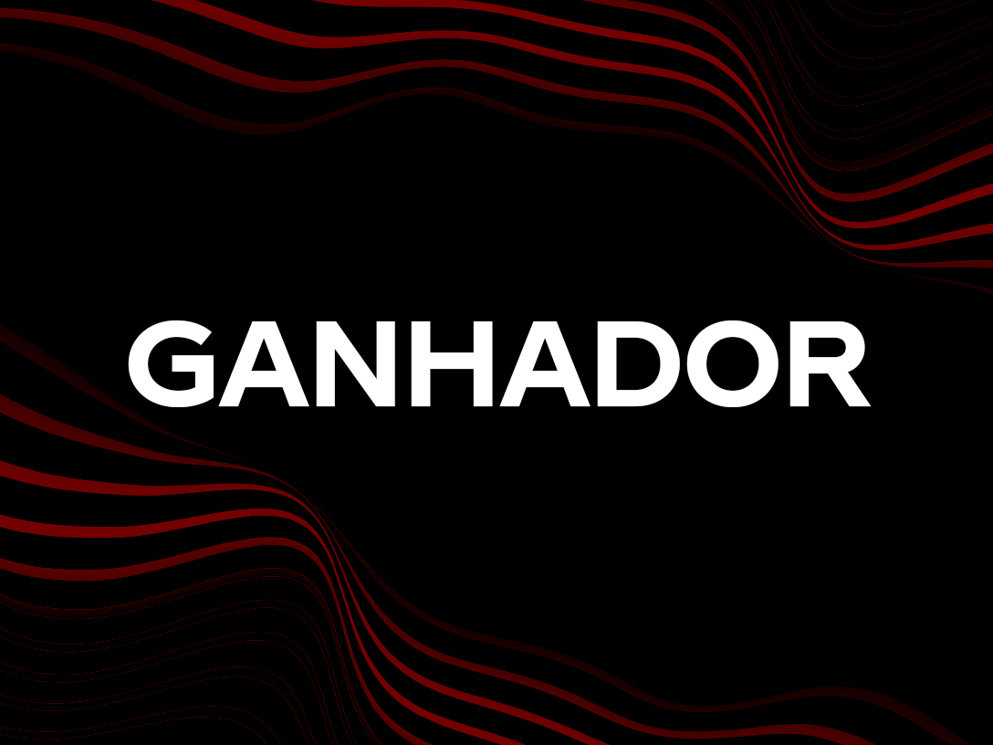 "Ganhador" em branco sobre um fundo preto com linhas onduladas vermelhas.