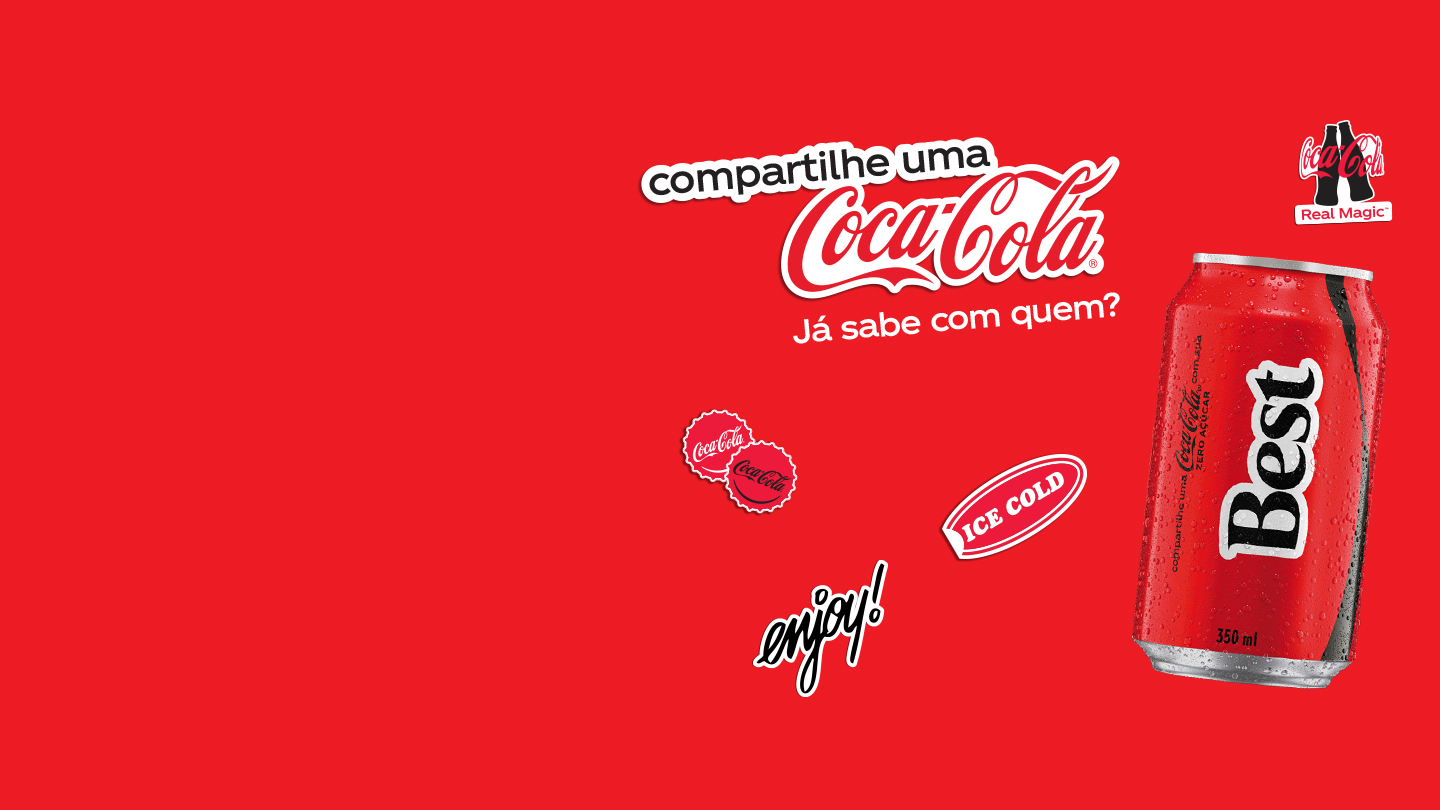 Texto “Compartilhe uma Coca-Cola" em fundo vermelho com ilustrações da marca.
