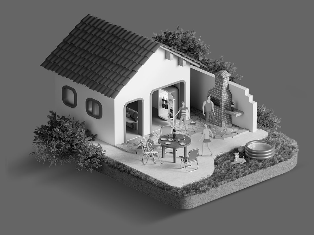 Ilustração de uma casa em miniatura com pessoas e uma piscina em um fundo cinza.