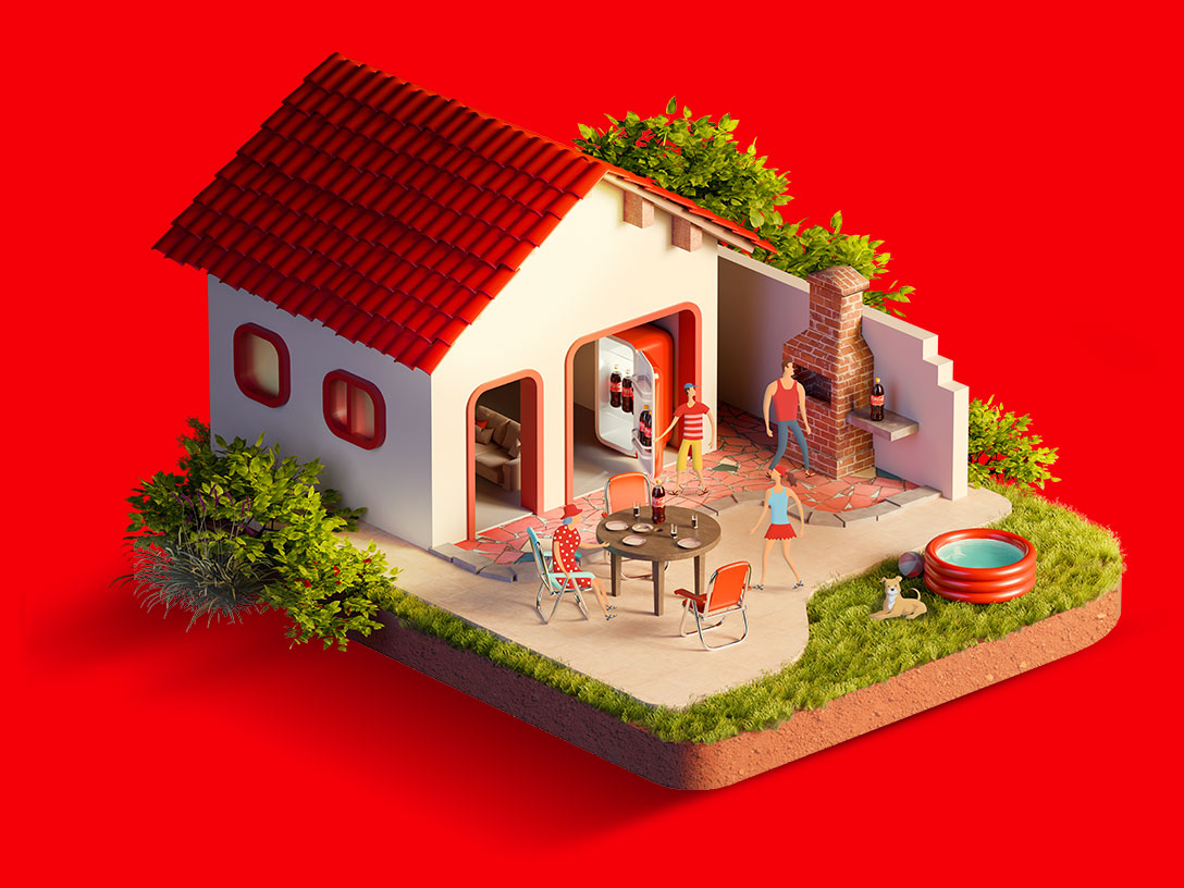 Llustração de uma casa em miniatura com pessoas e uma piscina sobre um fundo vermelho..
