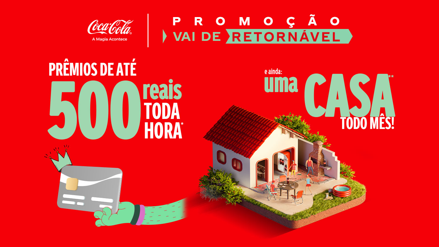 Imagem de fundo vermelho, com ilustração de 3 mãos coloridas segurando garrafas retornáveis ​​de Coca-Cola