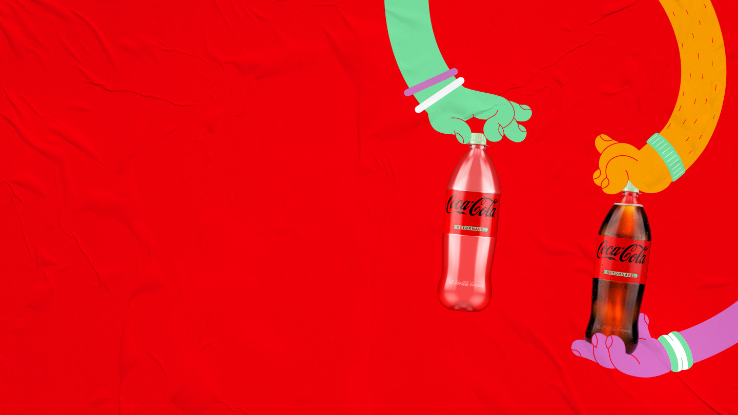 Imagem de fundo vermelho, com ilustração de 3 mãos coloridas segurando garrafas retornáveis ​​de Coca-Cola