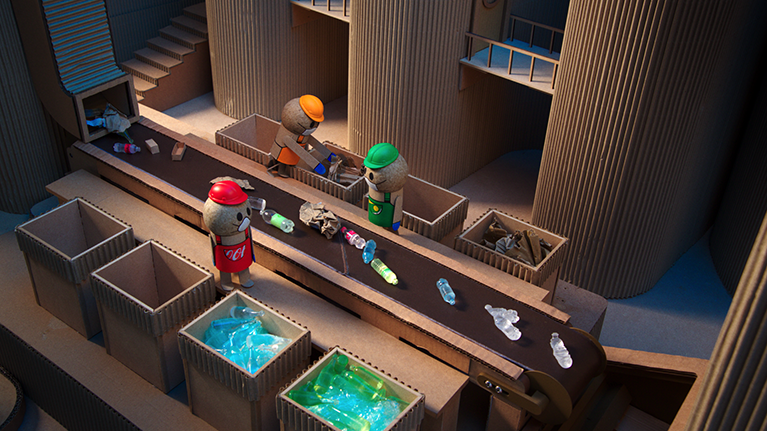 Movie still from the animated film made in collaboration between The Coca-Cola Company and Bill New. The still shows animated characters working in a industrial treadmill with empty plastic bottles