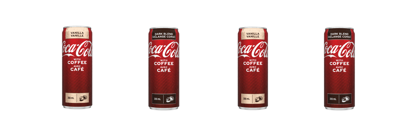 White banner with four cans. Two of them are Coca-Cola Coffee Vanilla cans and the other two are Coca-Cola Coffee Dark Blend cans