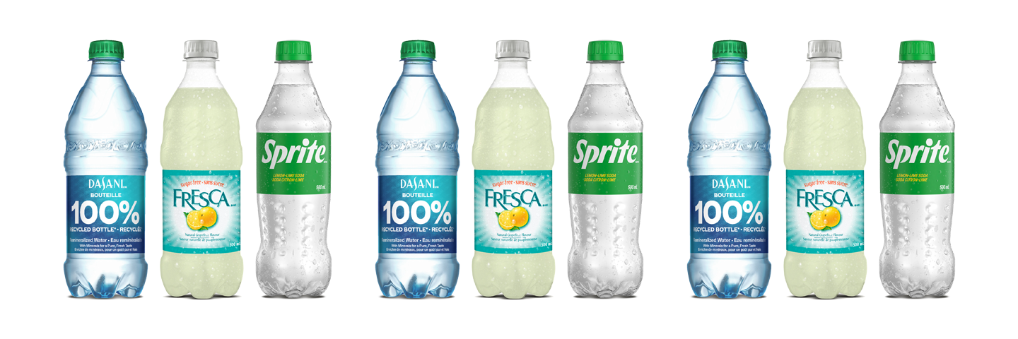 Dasani, Fresca, and Sprite bottles side by side