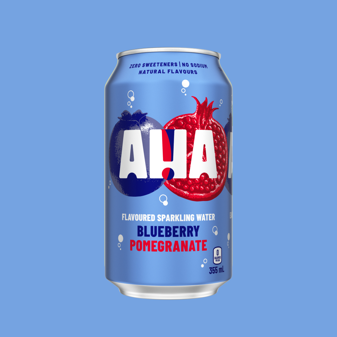 A light blue 355 mL can of AHA Blueberry Pomegranate flavoured sparkling water, with an illustrated blueberry and pomegranate half behind the white AHA logo. Text on the can reads "Zero sweeteners | No sodium | Natural flavours" and "0 calories per can," shown on a matching blue background.