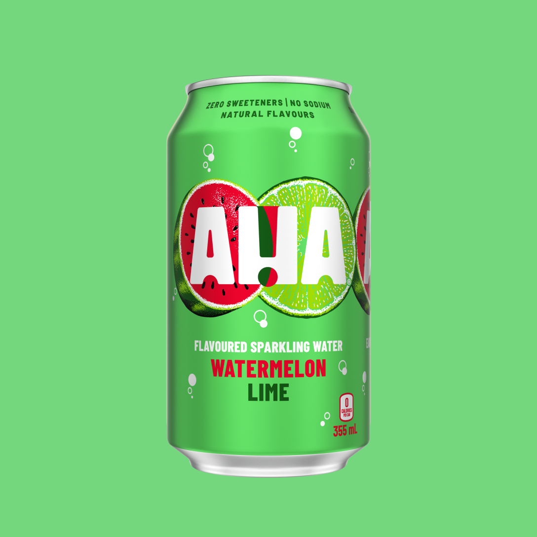A bright green 355 mL can of AHA Watermelon Lime flavoured sparkling water, with an illustrated watermelon slice and lime slice behind the white AHA logo. Text on the can reads "Zero sweeteners | No sodium | Natural flavours" and "0 calories per can," shown on a matching green background.