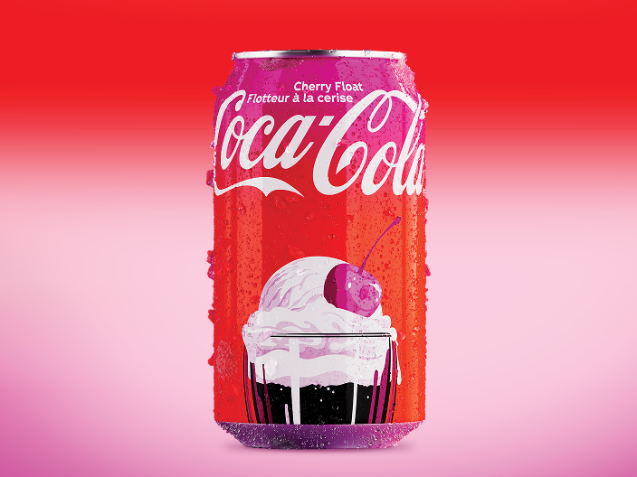 A red Coca-Cola can labeled "Cherry Float / Flotteur à la cerise" in English and French, featuring an illustration of a cherry-topped ice cream float, with condensation droplets on the surface against a red-to-pink gradient background.