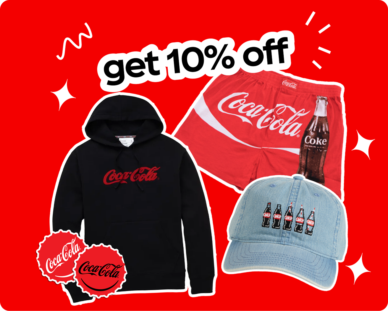 A young boy and girl lie on a picnic blanket enjoying cans of Coca-Cola with their names on them. A sticker says, '10% Off Personalized Coke' with a CTA to get promo code.