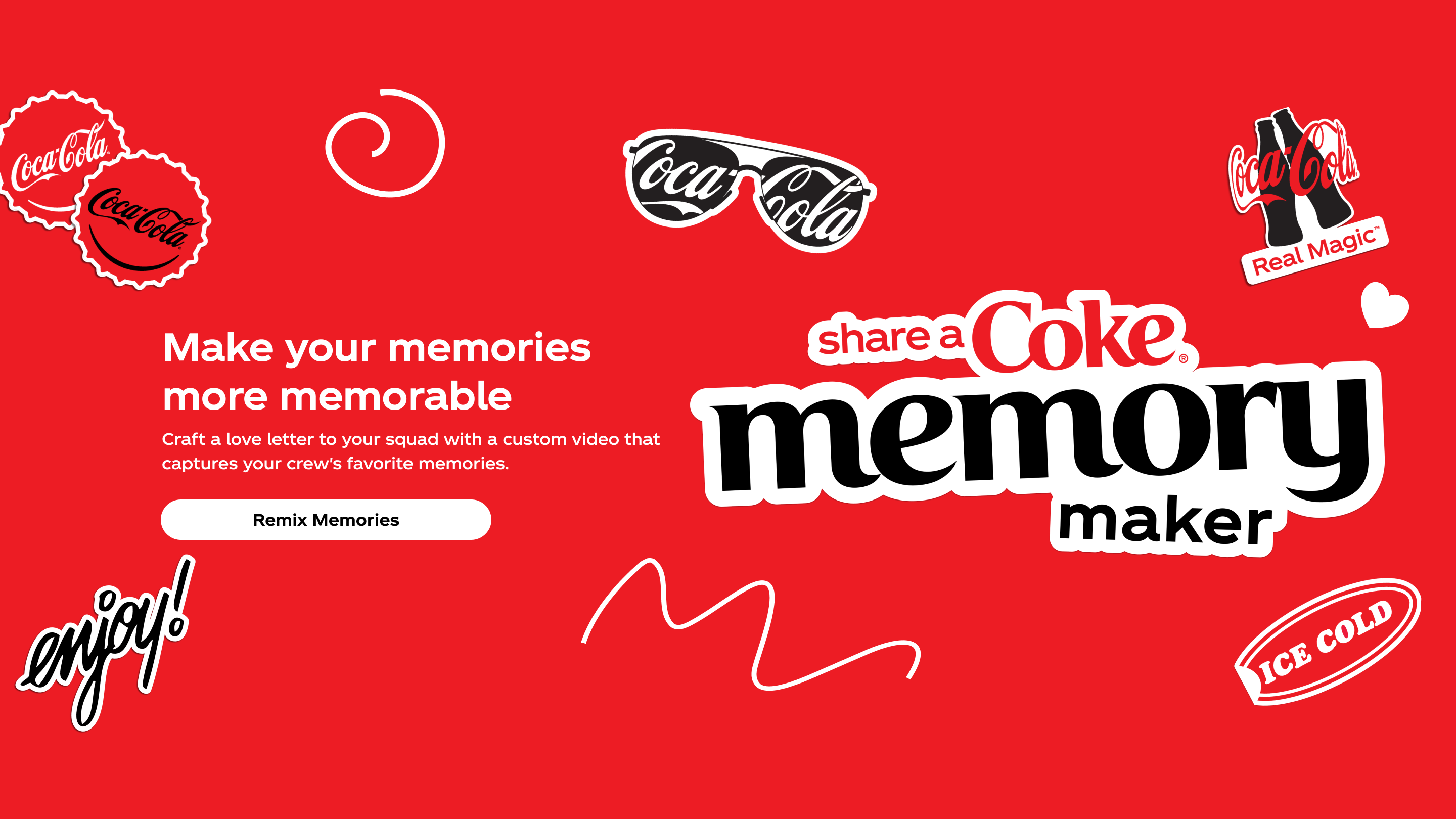 Share a Coke Prize Collection logo on a bright red background with floating stickers that say Ice Cold, Enjoy and Real Magic.