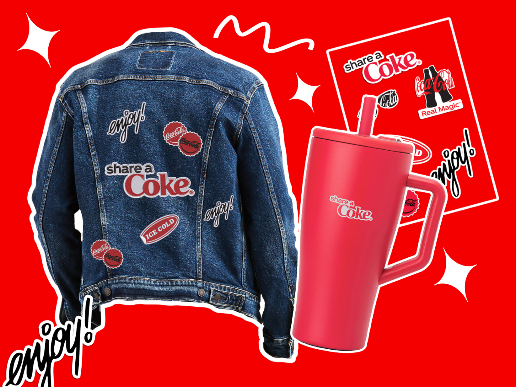 Share a Coke merch and prizes against a bright red background, including a Share a Coke jean jacket, a Coca-Cola branded tumbler cup, and a sheet of Share a Coke stickers.