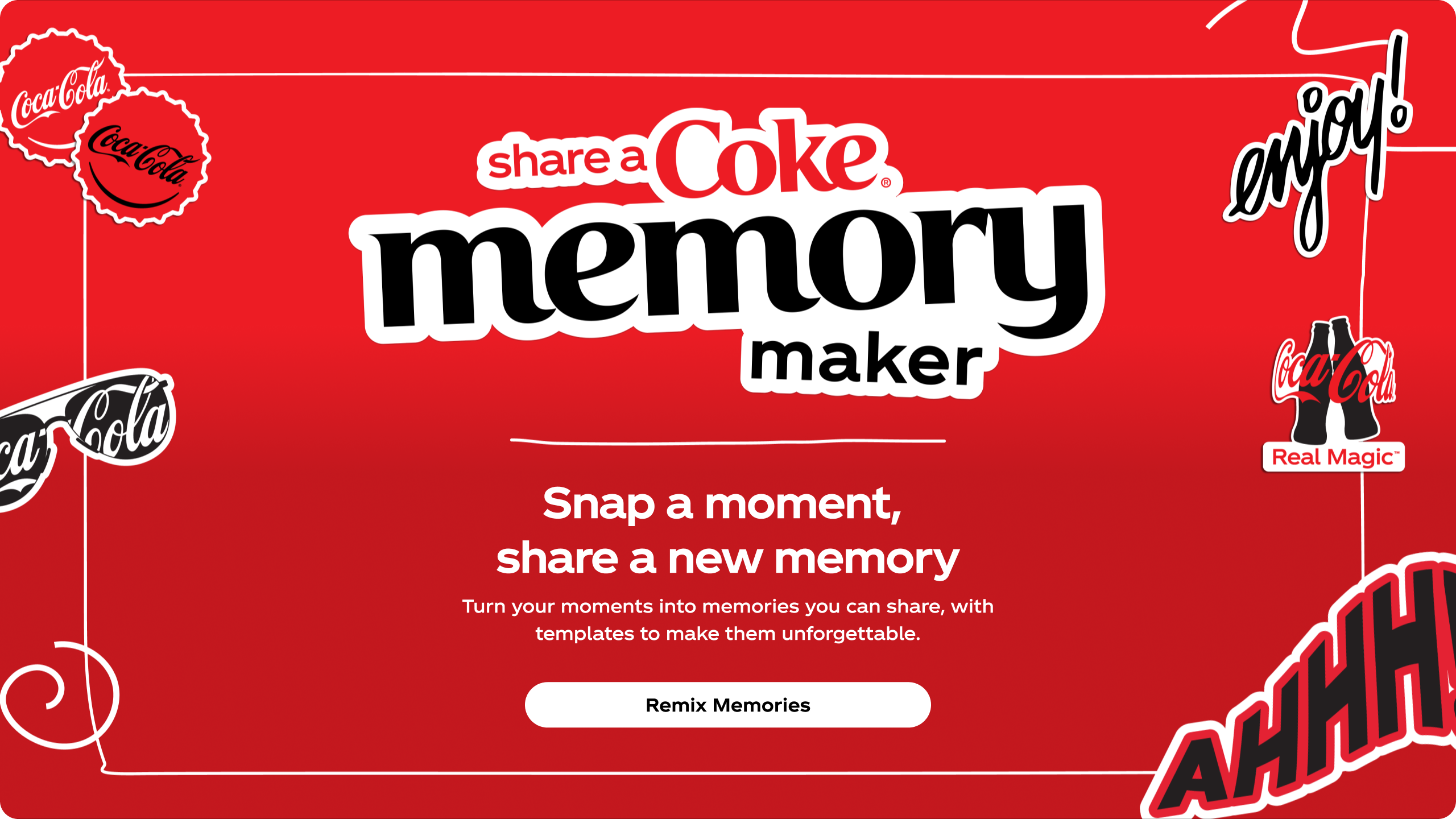 Share a Coke Memory Maker logo on a bright red background with floating stickers. Text says, “Snap a moment, share a new memory,” with a CTA to get started turning your moments into memories.