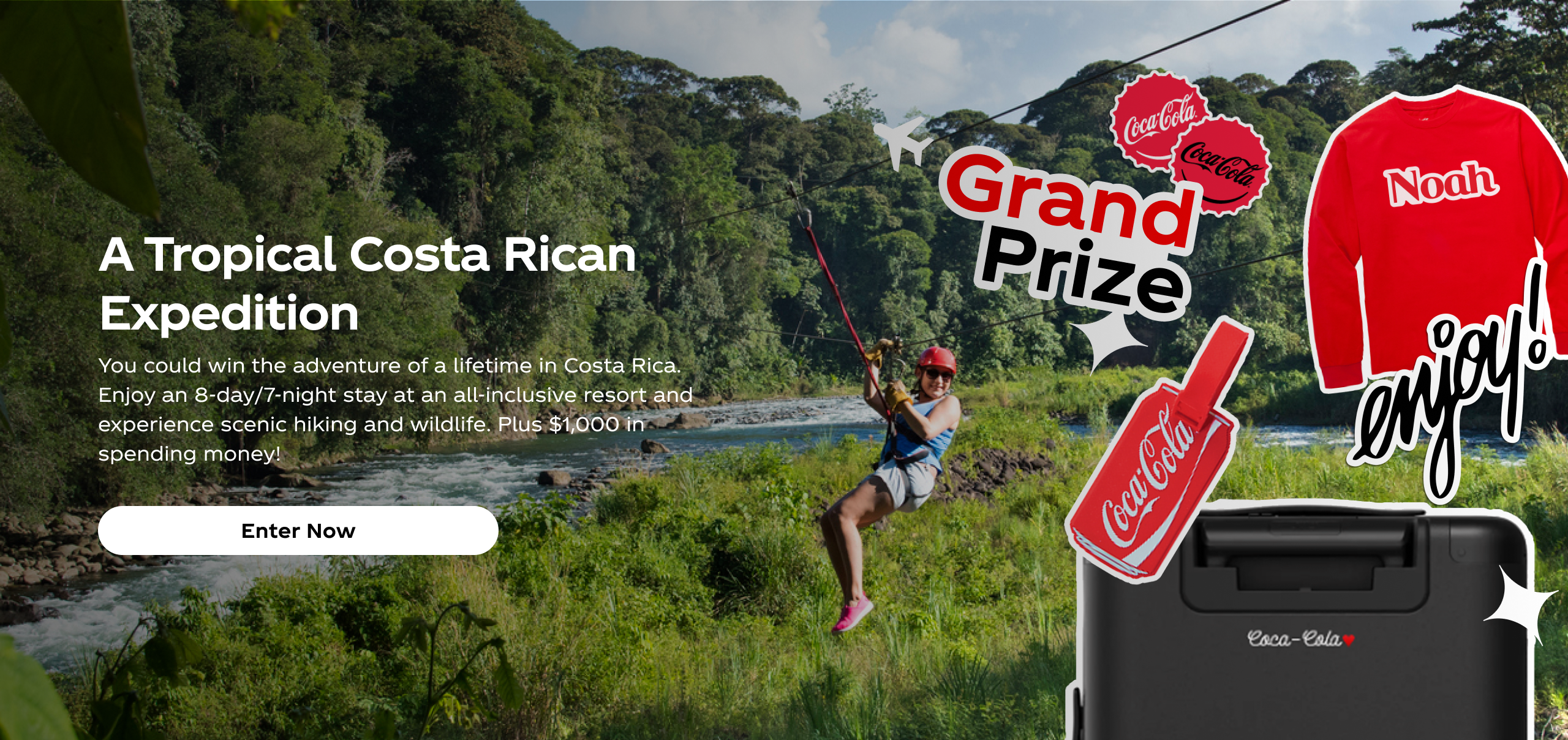 Share a Coke Prize Collection logo on a bright red background with floating stickers that say Ice Cold, Enjoy and Real Magic.