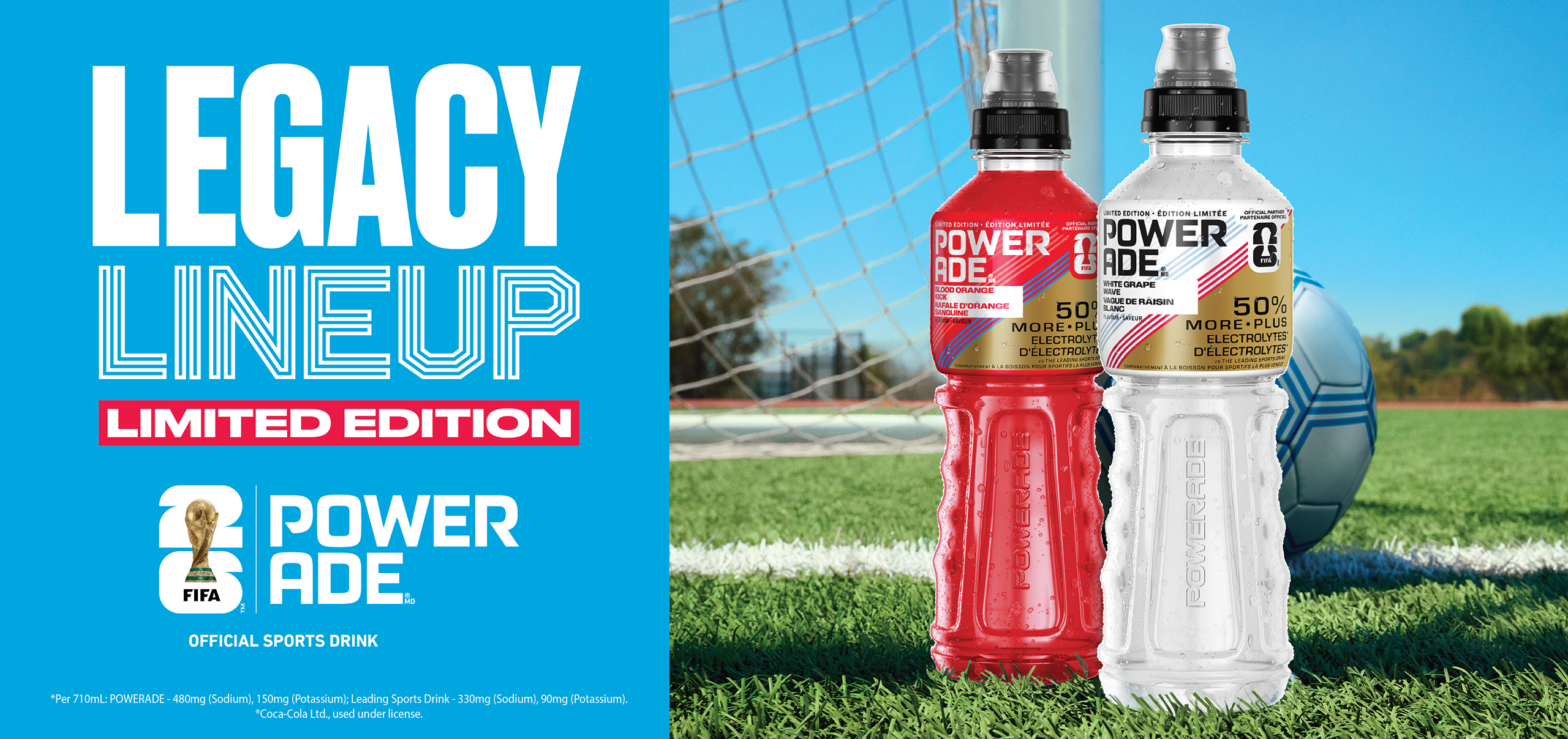 blood orange kick and white grape wave bottles on soccer field