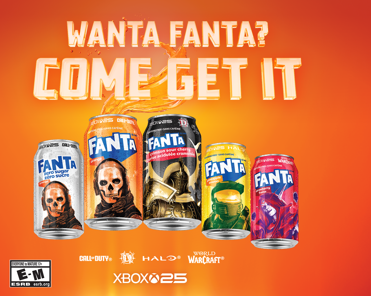 Limited-edition Fanta cans with Xbox 25 gaming designs in front of Wanta Fanta Come Get It headline on orange background