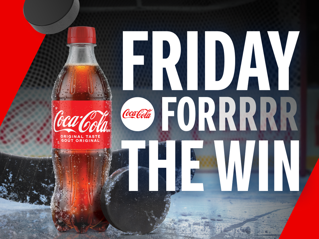 A cold Coca‑Cola bottle on the ice by a hockey stick and puck, below the text Friday For The Win.