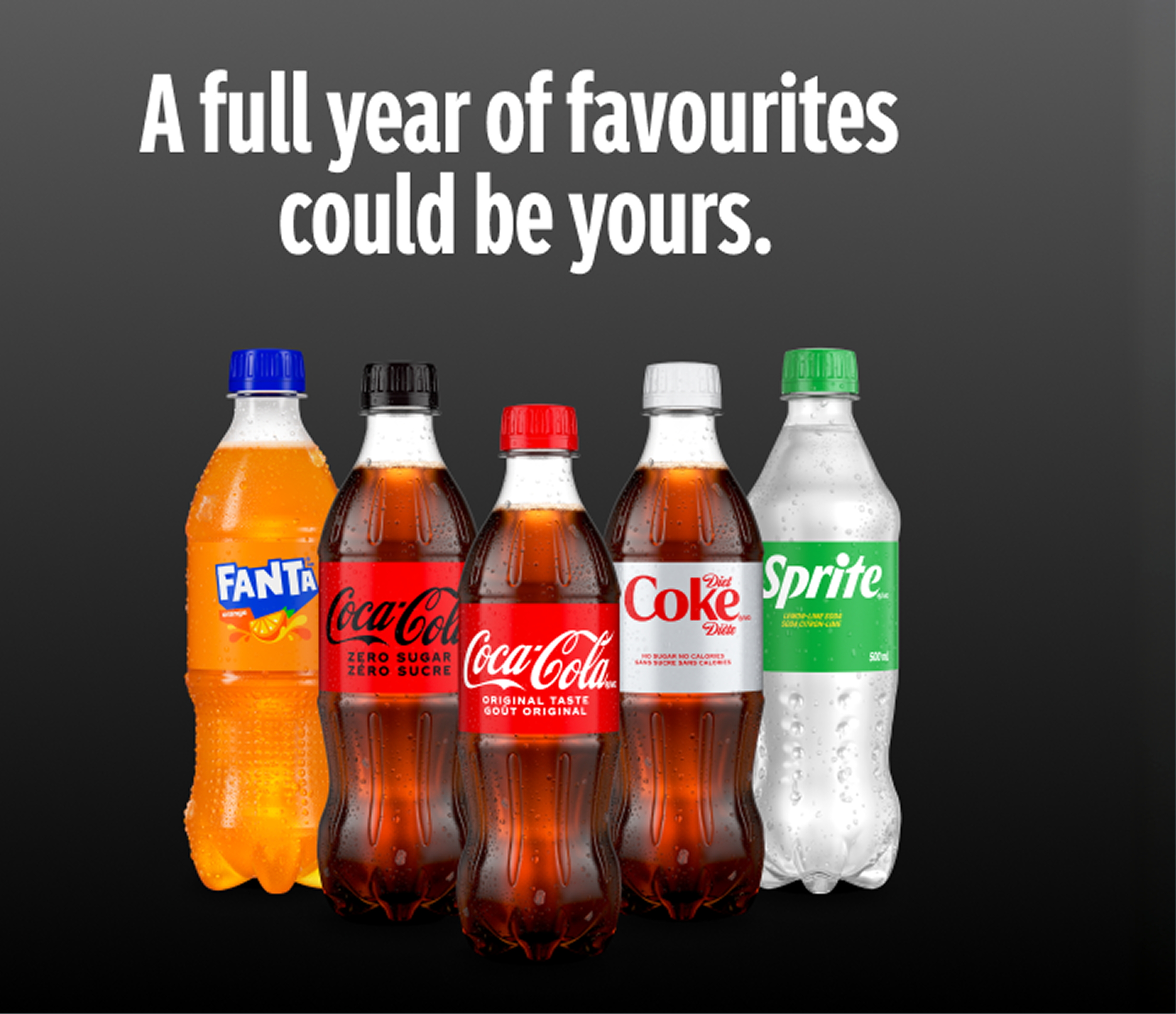 Fanta, Coke Zero, Coca-Cola, Diet Coke, and Sprite bottles below the promo text A full year of favourites could be yours.