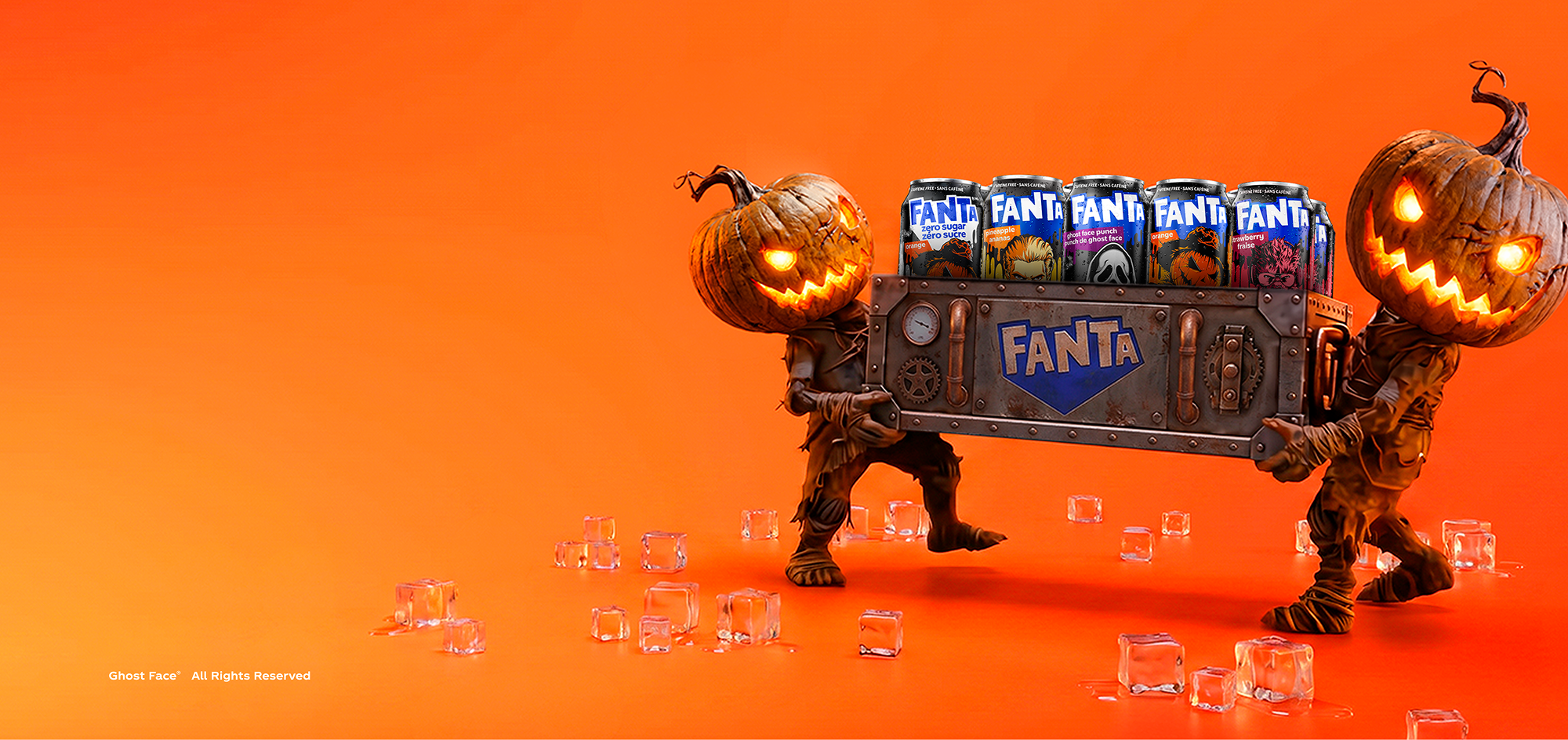 Two spooky pumpkin-headed characters carry a crate of limited-edition cans for the Fanta Halloween sweeps mobile promo.