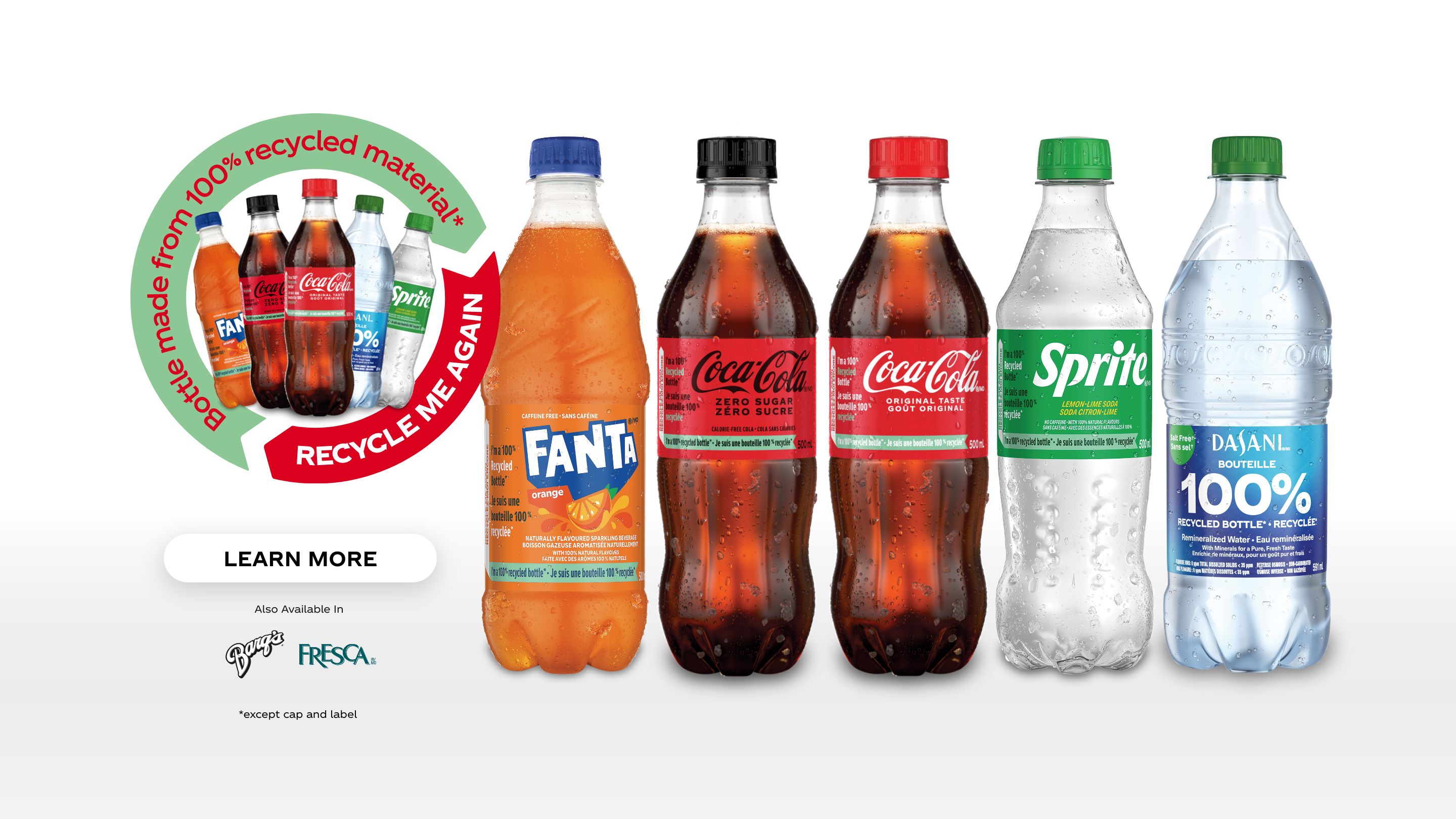 Bottle made from 100 % recyacled materials. Recycle me again. Learn more.