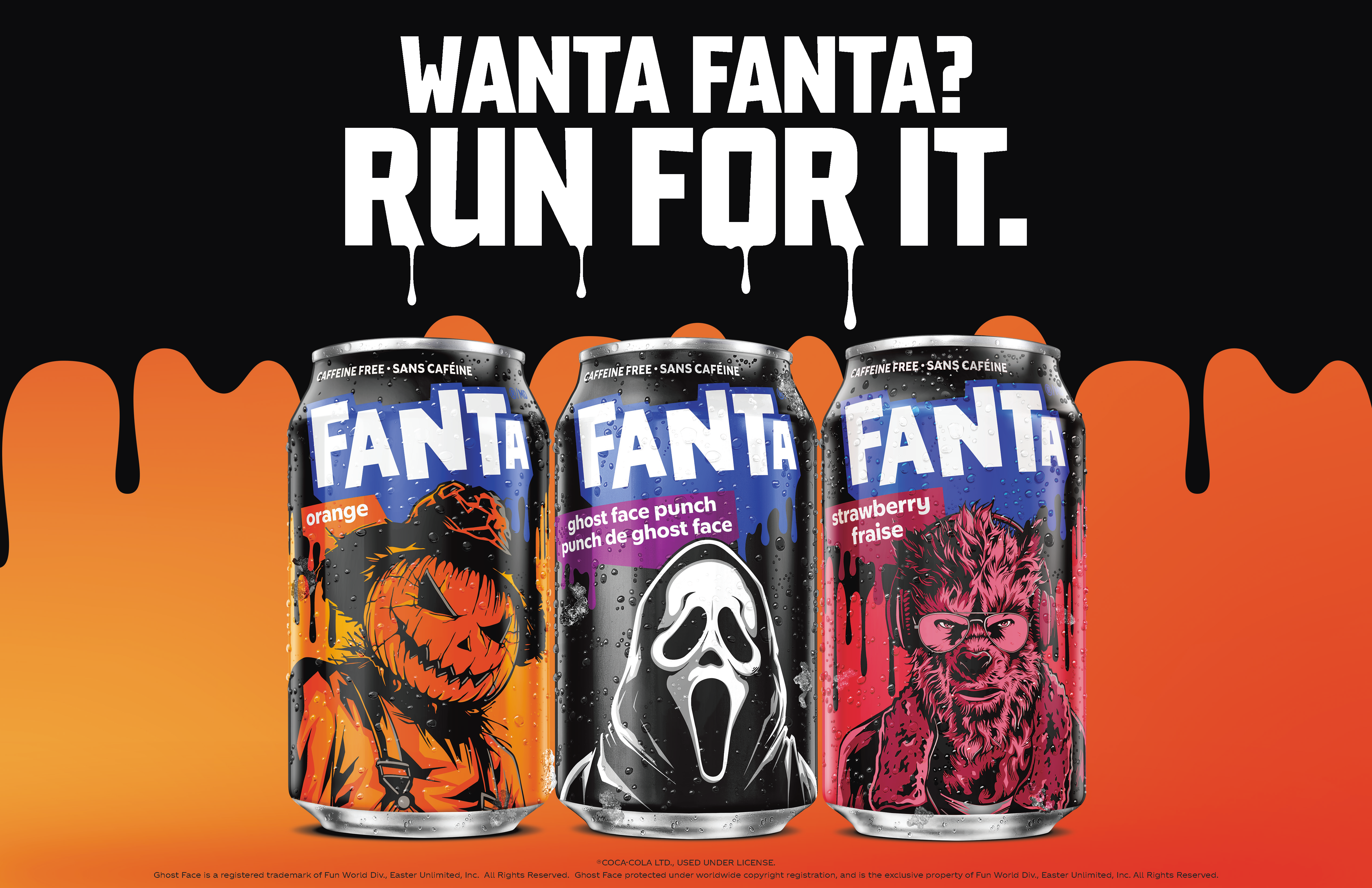 Fanta Halloween promo banner showing Orange, Ghost Face Punch, and Strawberry spooky cans below Wanta Fanta Run For It.