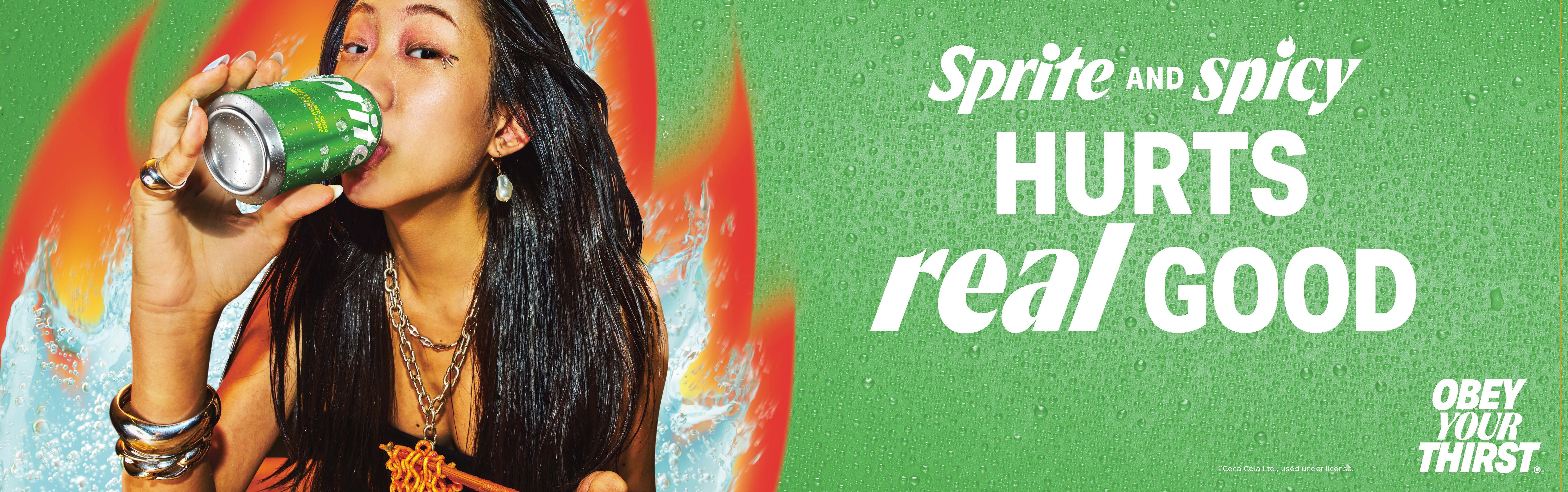 Woman cooling down with a can of Sprite next to Hurts Real Good campaign text, highlighting the Sprite spicy food pairing.