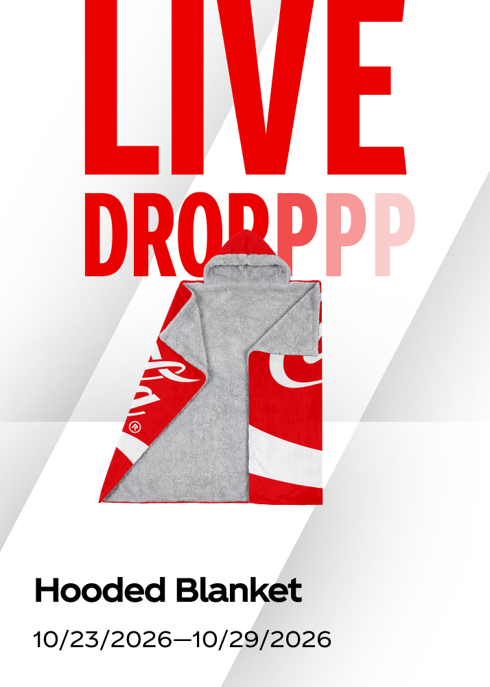 A red Coca-Cola branded hooded blanket shown as a live prize drop in the hockey promo.