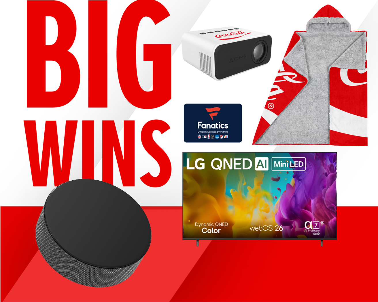 Coca-Cola Big Wins hockey promo showcasing prizes like an LG TV, mini projector, hooded blanket, and Fanatics gift card.