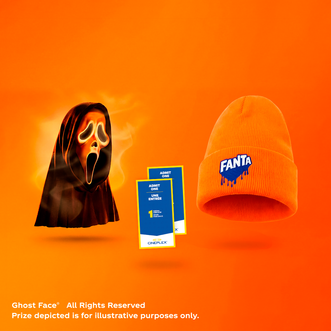Ghost Face Mask and Fanta beanie prizes against an orange background